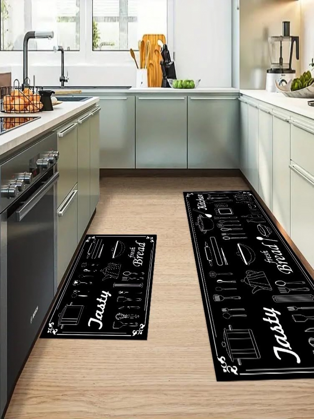 

Favria Black & White 2 Pieces Printed Anti-Skid Kitchen Mats