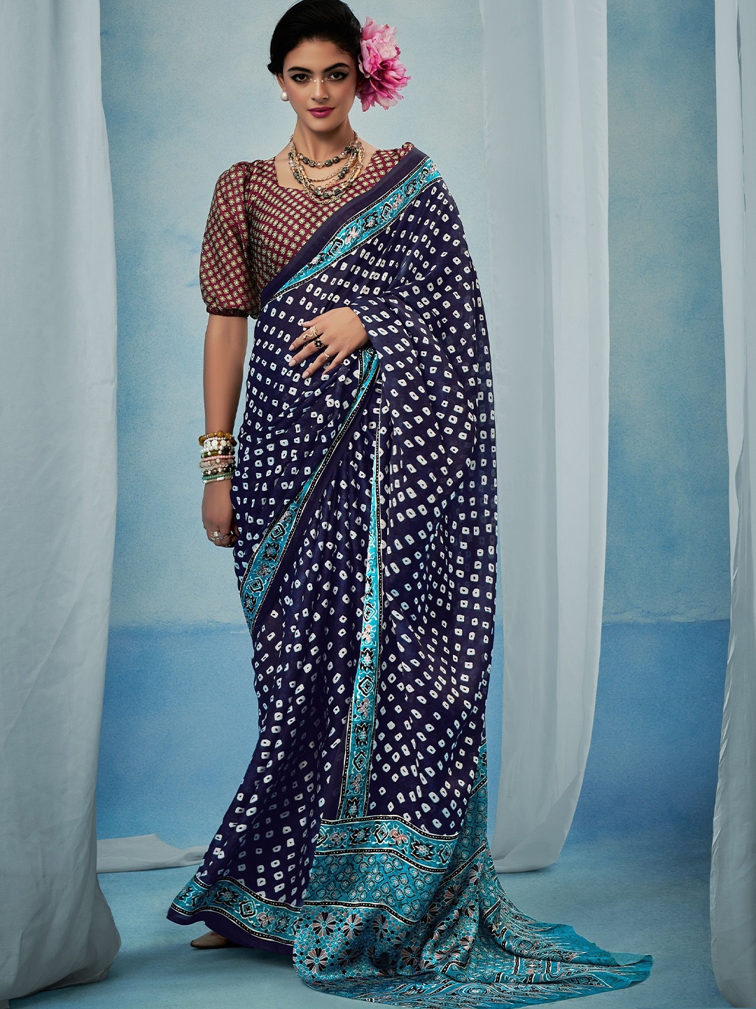 

MAHALASA Bandhani Satin Saree With Blouse Piece, Blue