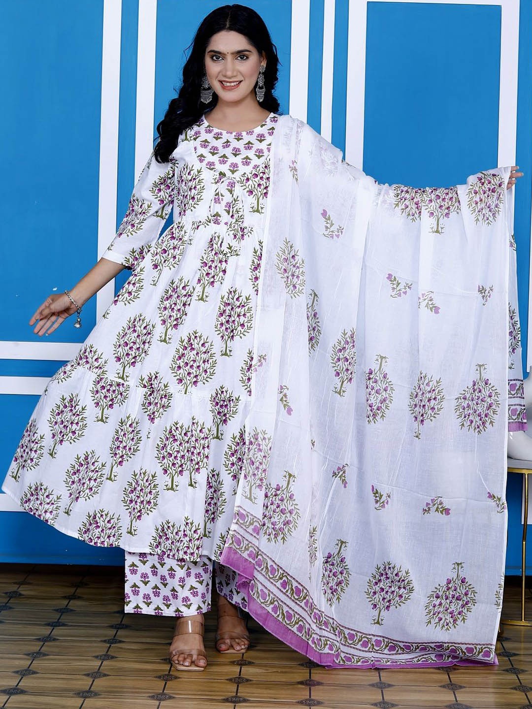 

KALINI Floral Printed Pure Cotton Anarkali Kurta With Palazzo And Dupatta, White