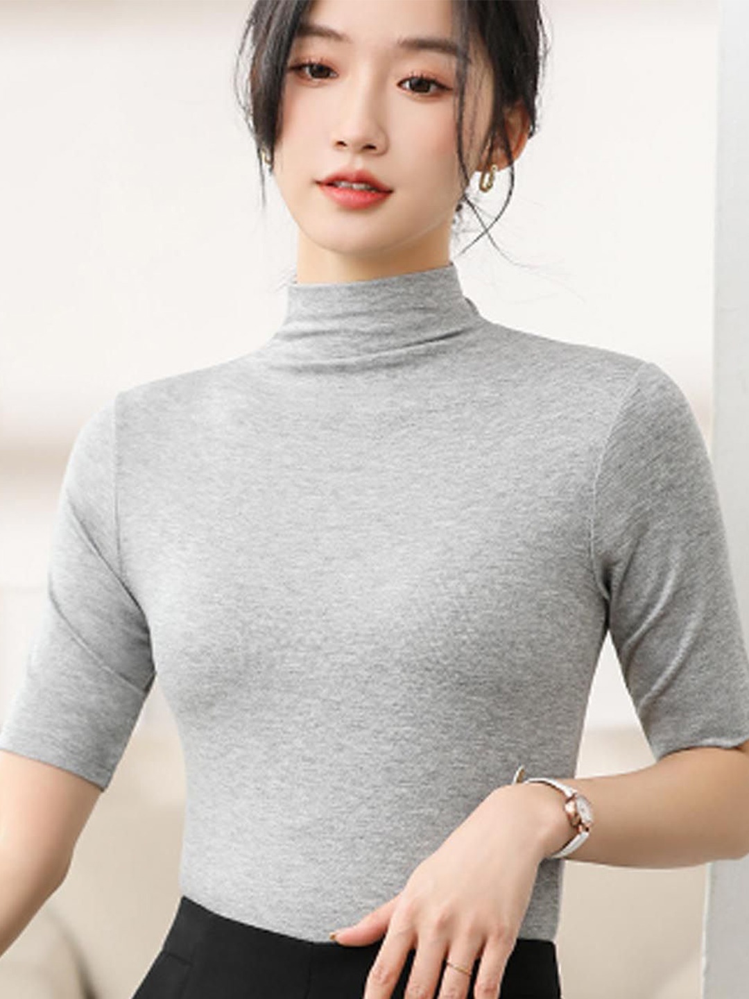 

StyleCast Women High Neck Fitted Top, Grey