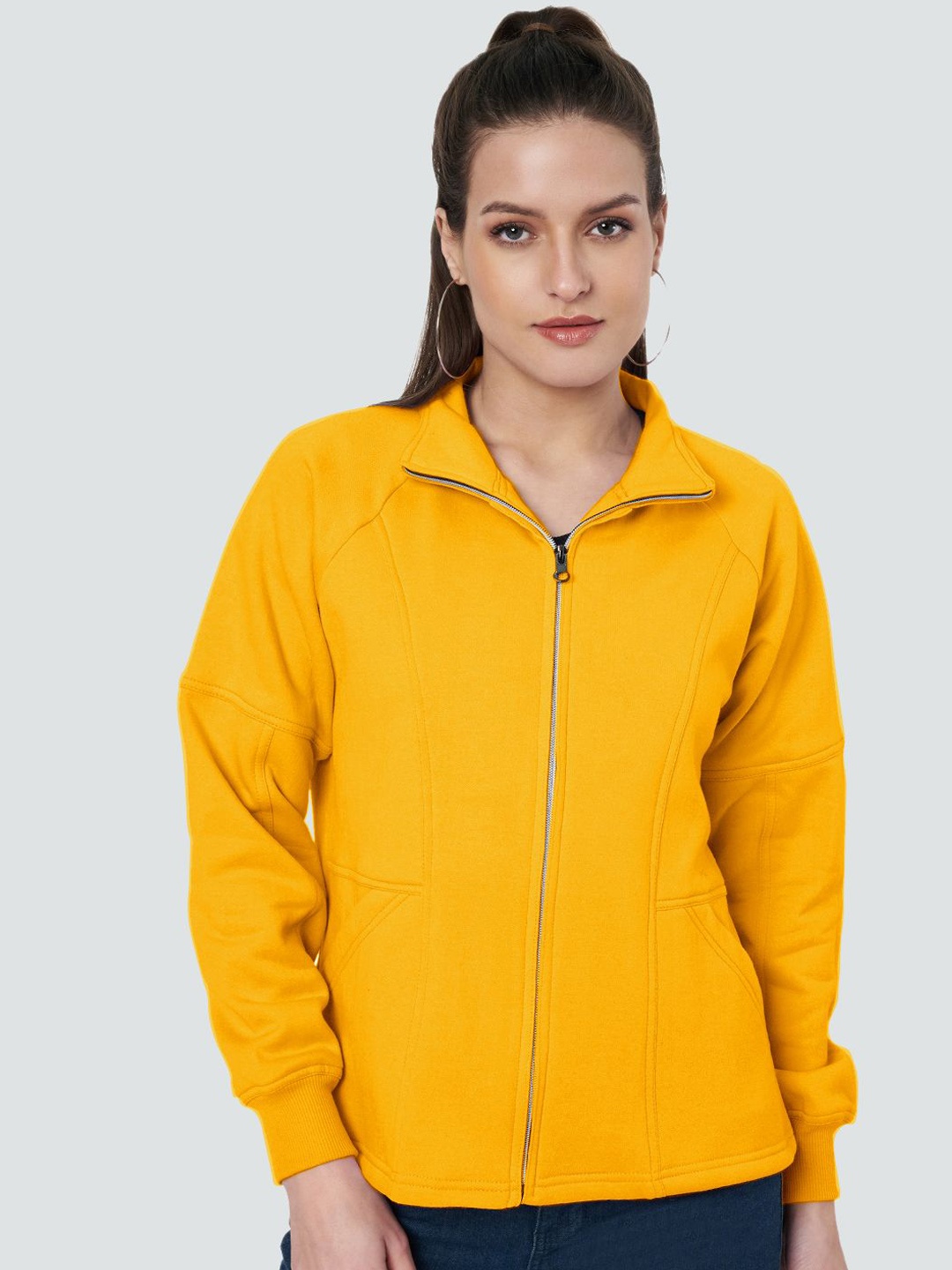 

BRINNS Women Mock Collar Solid Fleece Casual Bomber Jacket, Mustard