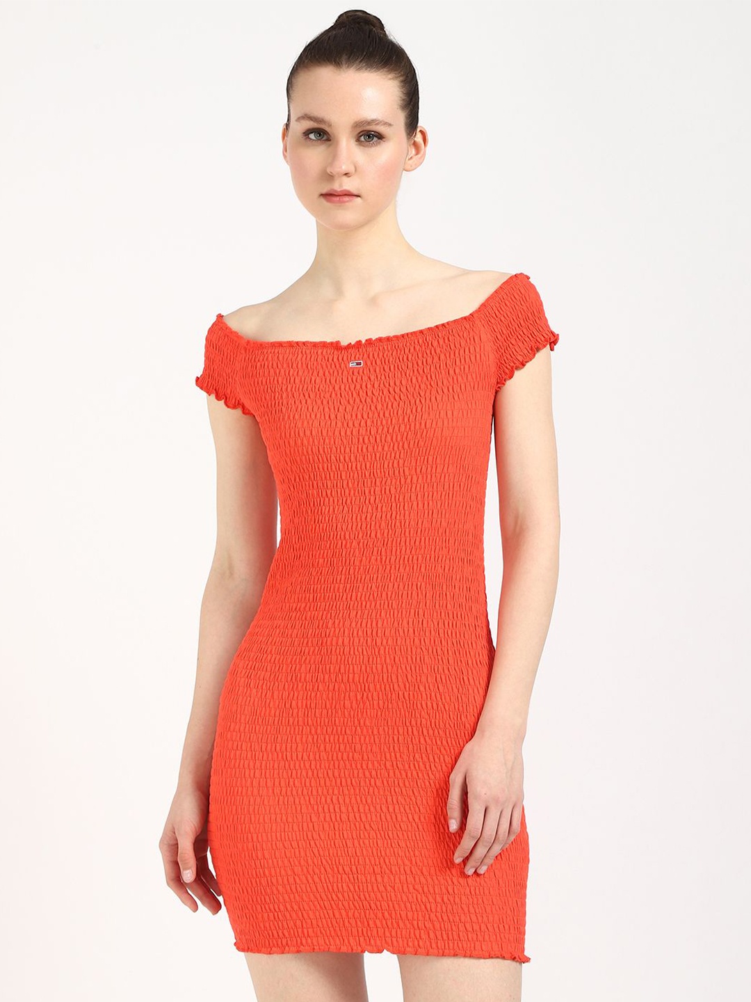 

Tommy Hilfiger Women Cotton Smocked Bodycon Mini Dress, Orange