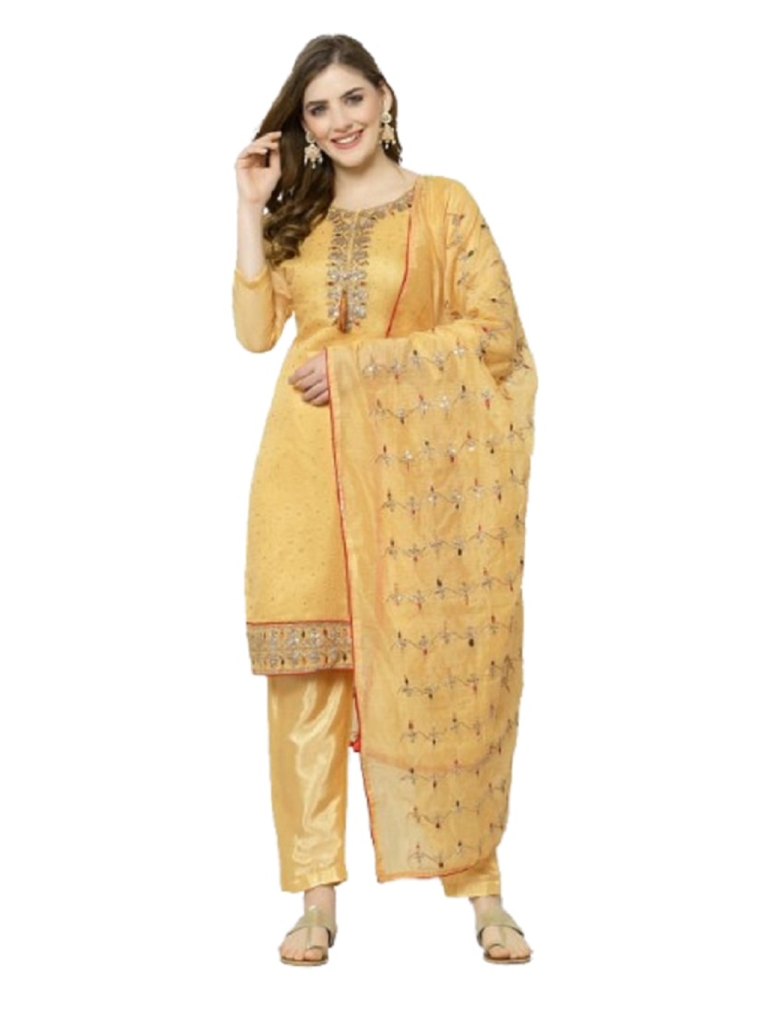 

RUDRAA FAB Floral Embroidered Chanderi Silk Unstitched Dress Material, Beige