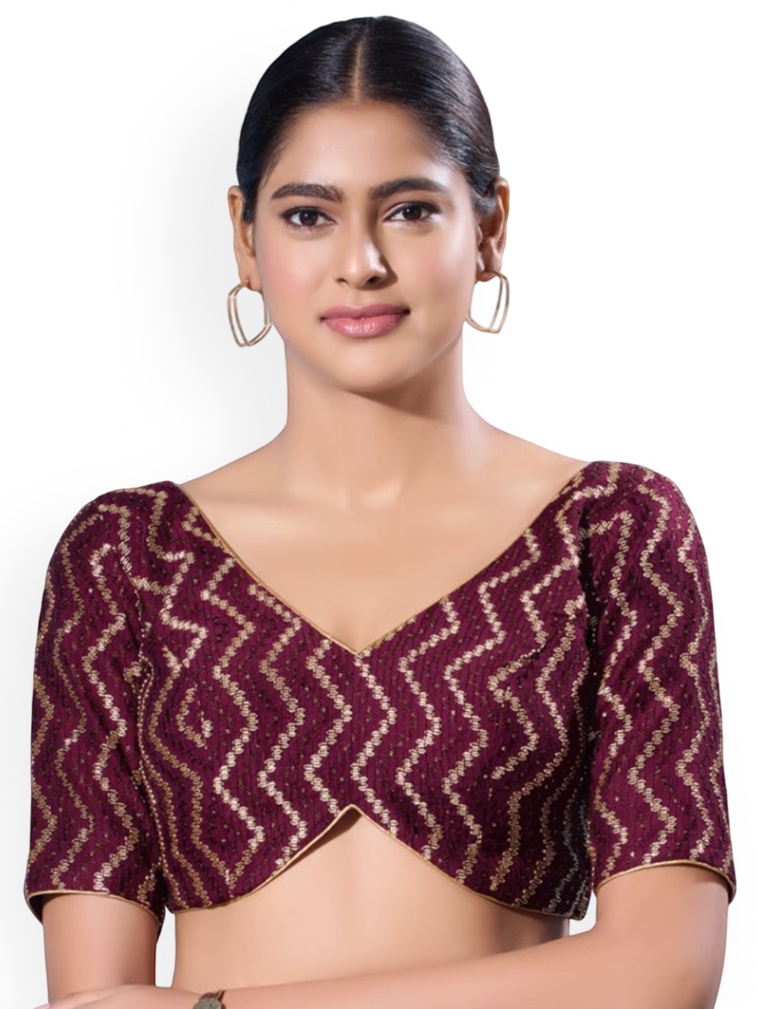 

Mmore V Neck Woven Design Saree Blouse, Burgundy