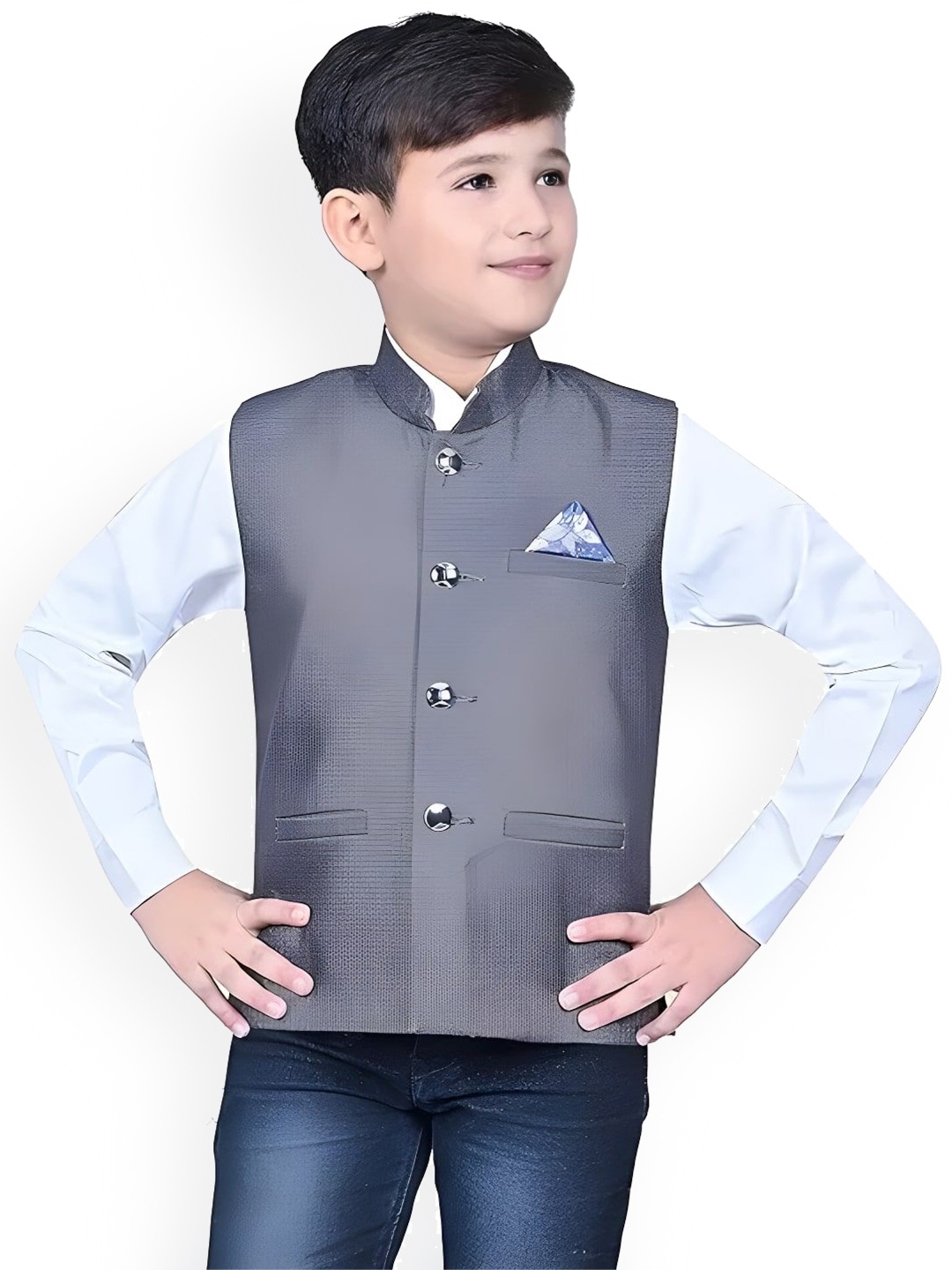 

Qitty Boys Stand Collar Jute Cotton Nehru Jacket, Grey