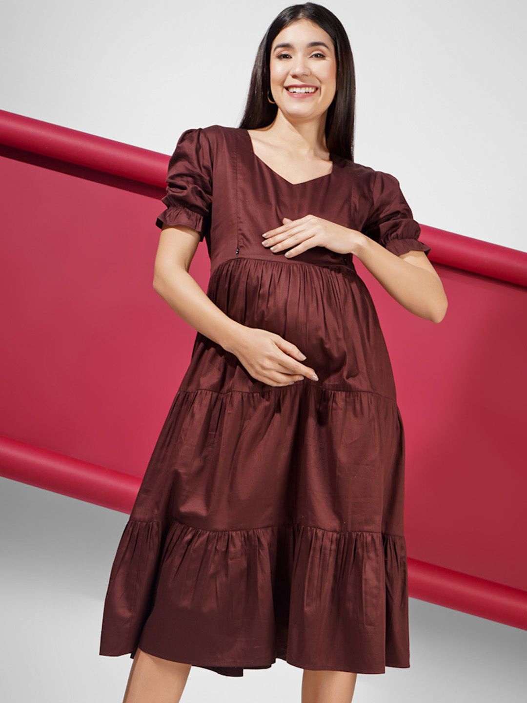 

angloindu Puff Sleeve Maternity Fit & Flare Midi Dress, Maroon