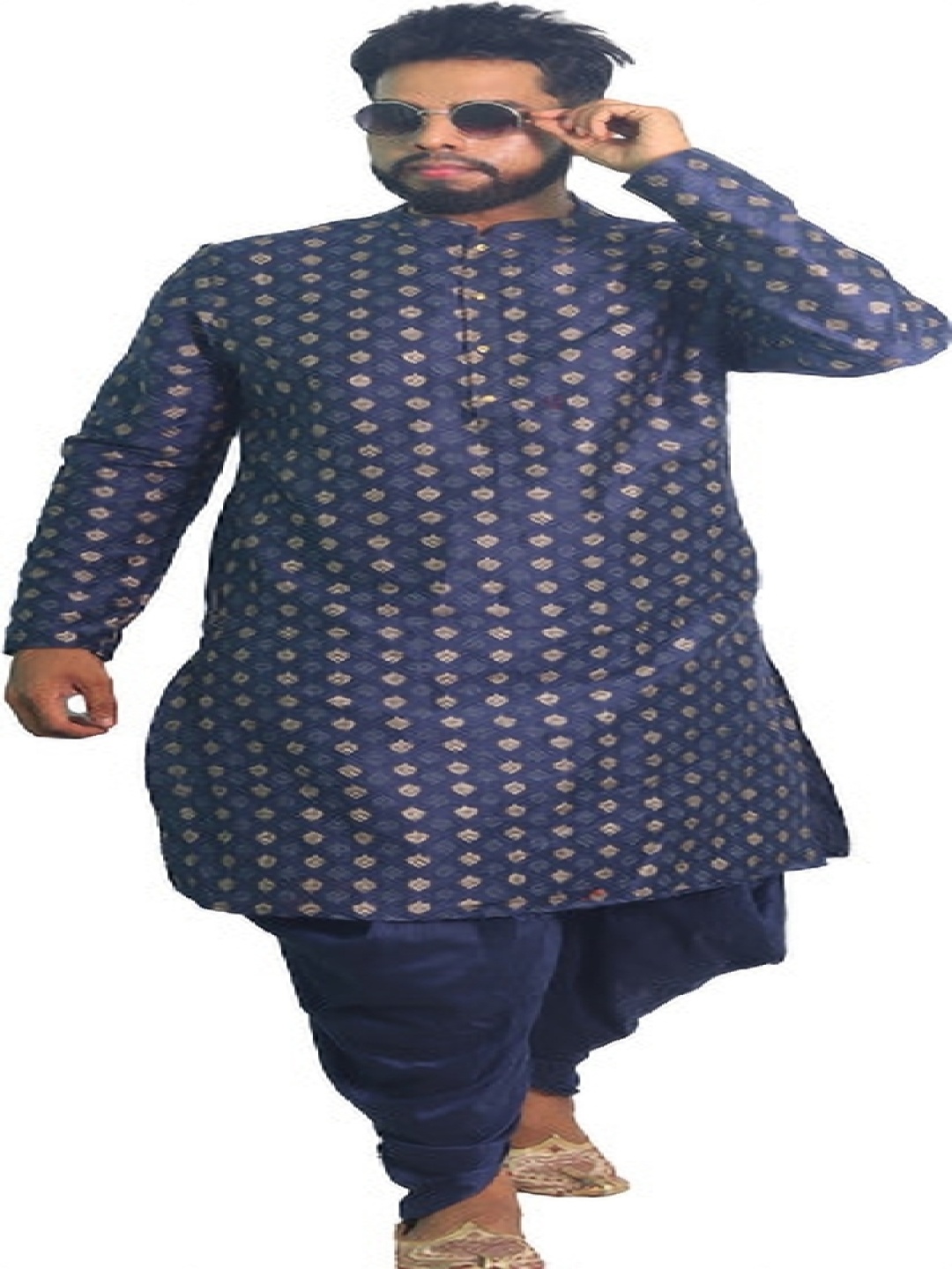 

House of Aqss Floral Printed Mandarin Collar Kurta With Dhoti Pants, Navy blue