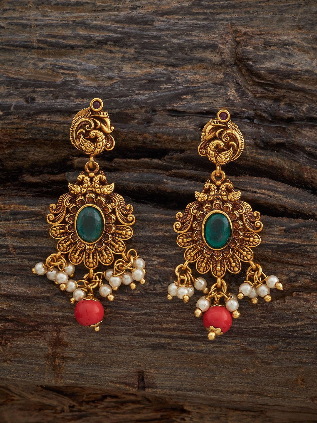 

Kushal's Fashion Jewellery Gold Plated Ruby Studded Peacock Shaped Antique Drop Earrings