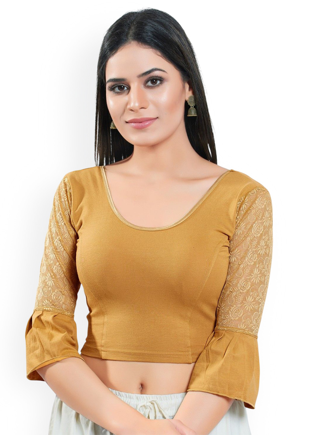 

Mmore Three-Quarter Sleeves Stretchable Saree Blouse, Gold