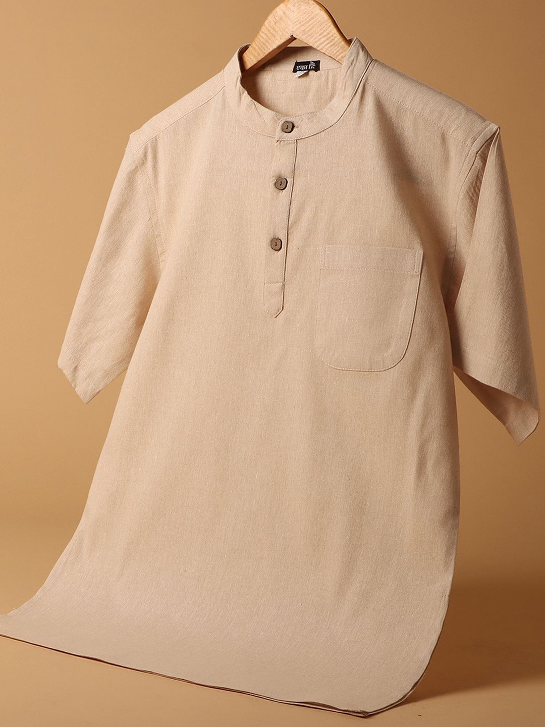 

Eka Dwi Band Collar Pure Cotton Straight Kurta, Camel brown