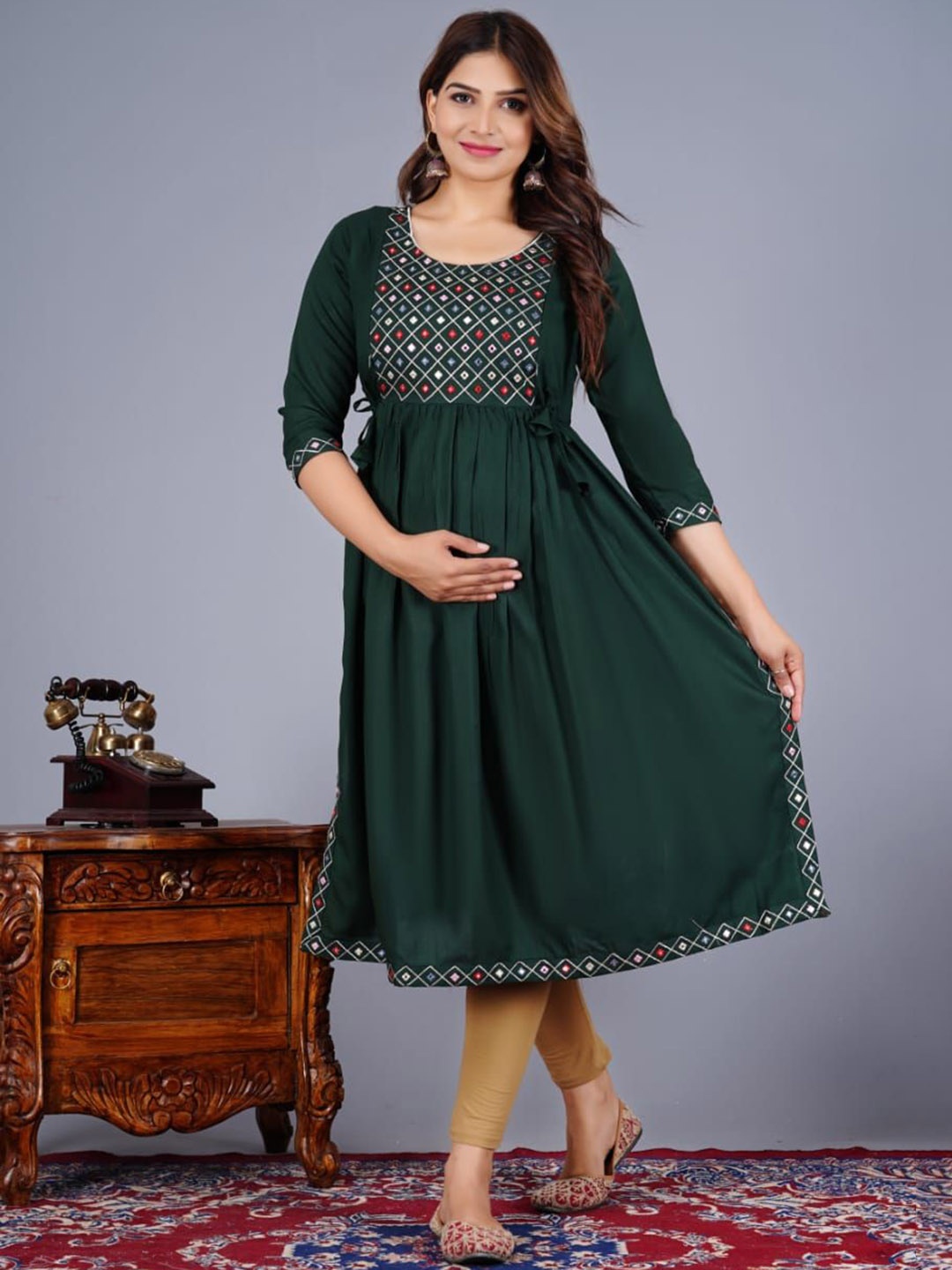 

Clothonus Asha Round Neck Pleated Mirror Work A-Line Maternity Kurta, Green