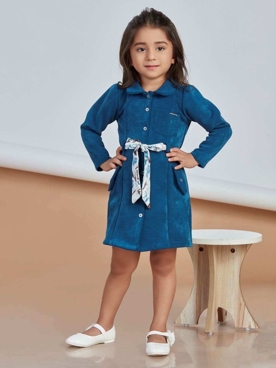 

Peppermint Girls Long Sleeves Shirt Dress With Belt, Blue