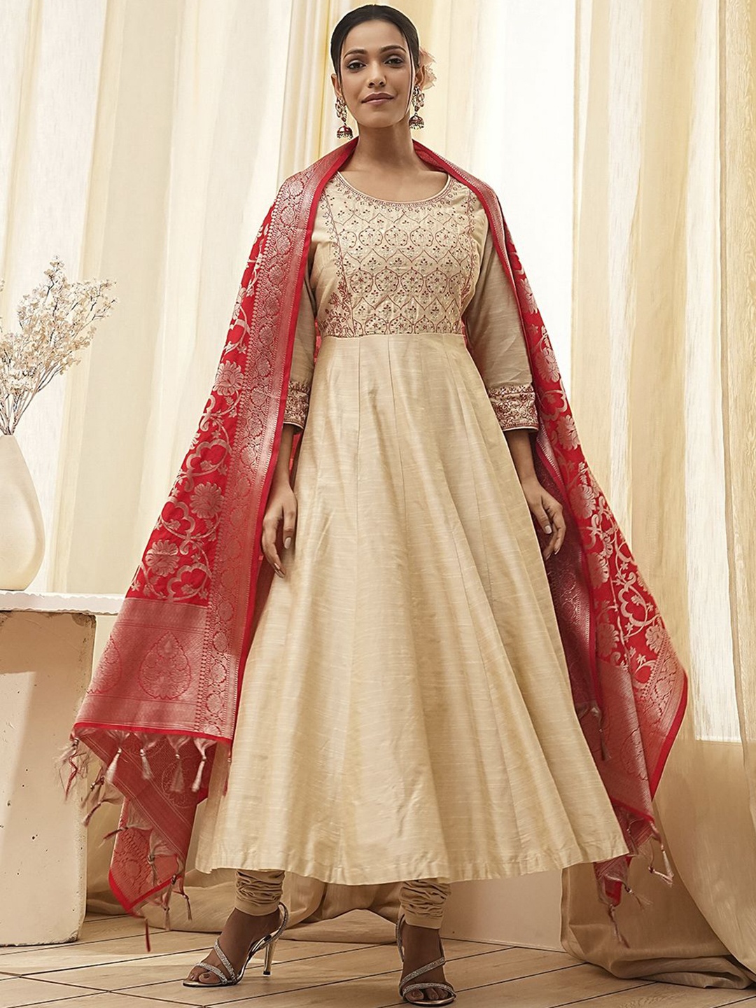 

Biba Floral Embroidered Sequinned Anarkali Kurta With Churidar And Dupatta, Beige