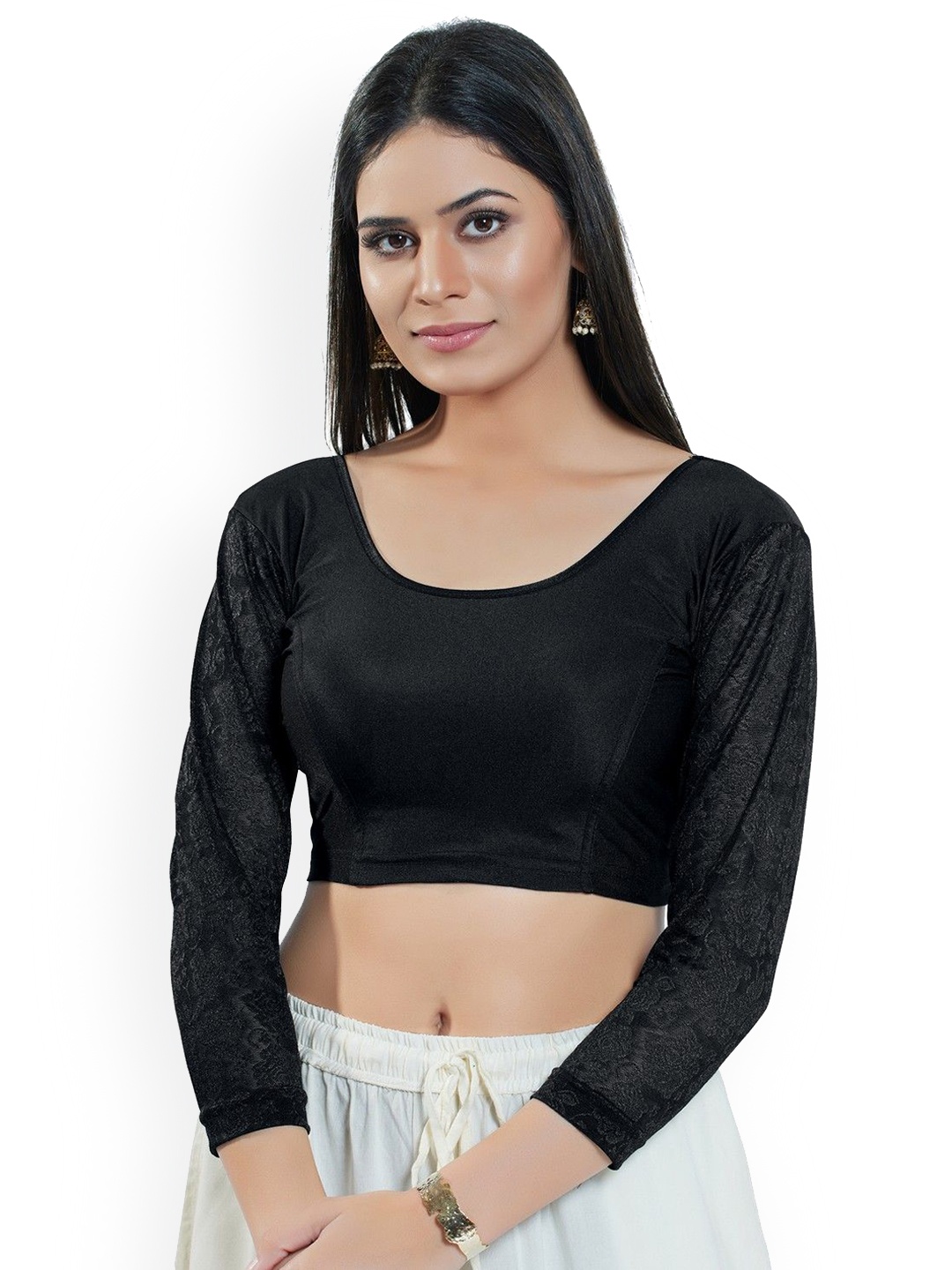 

Mmore Long Sleeves Stretchable Saree Blouse With Round Neck, Black