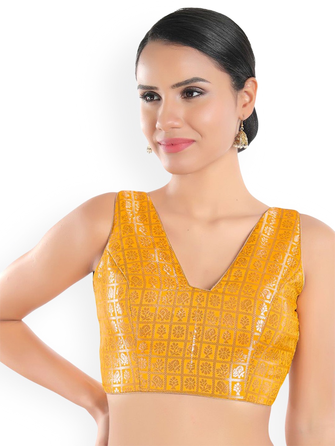

Mmore Women Woven Design Padded Sleeveless Saree Blouse, Yellow