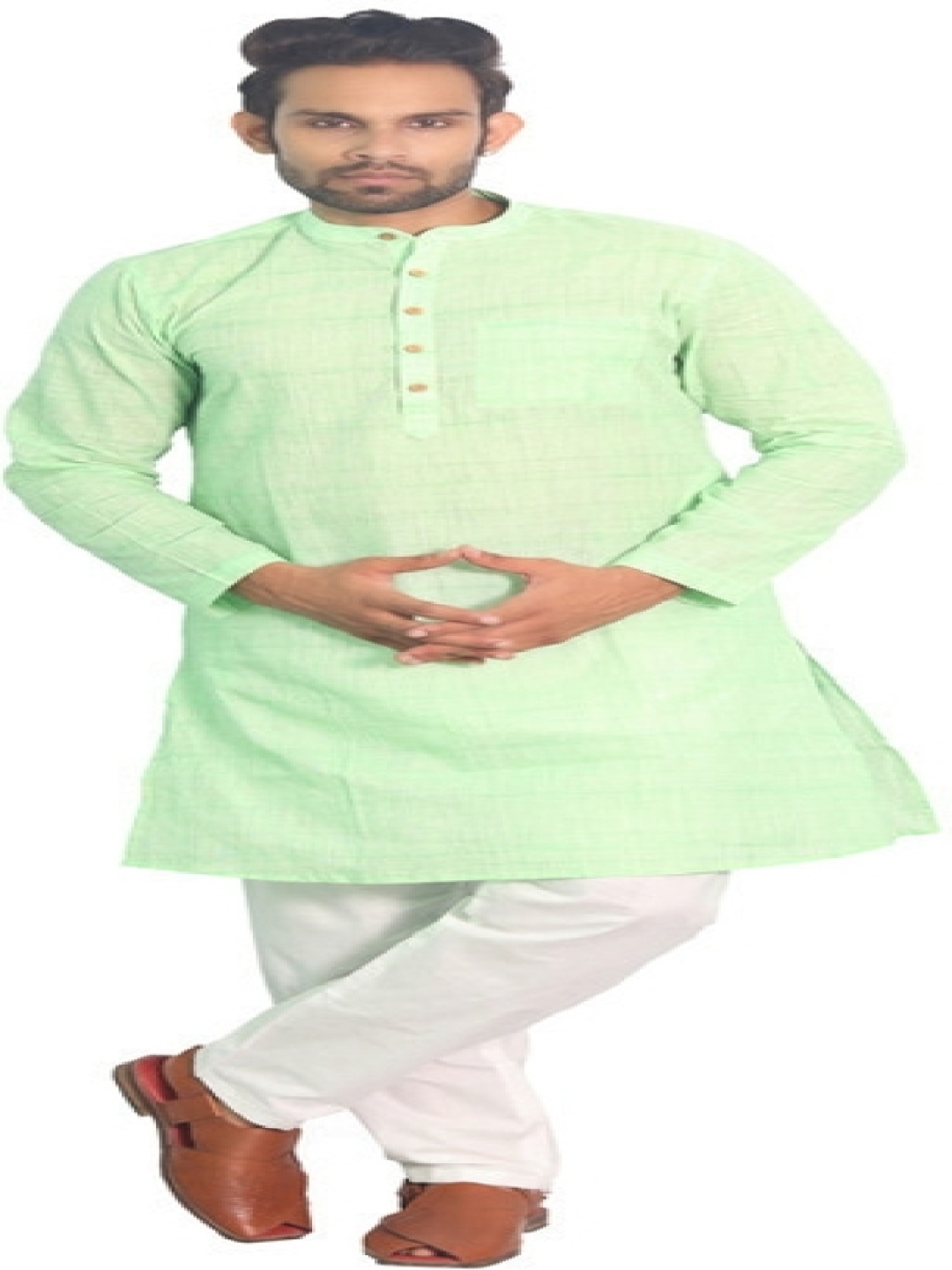 

House of Aqss Mandarin Collar Pure Cotton Straight Kurta With Pyjamas, Green