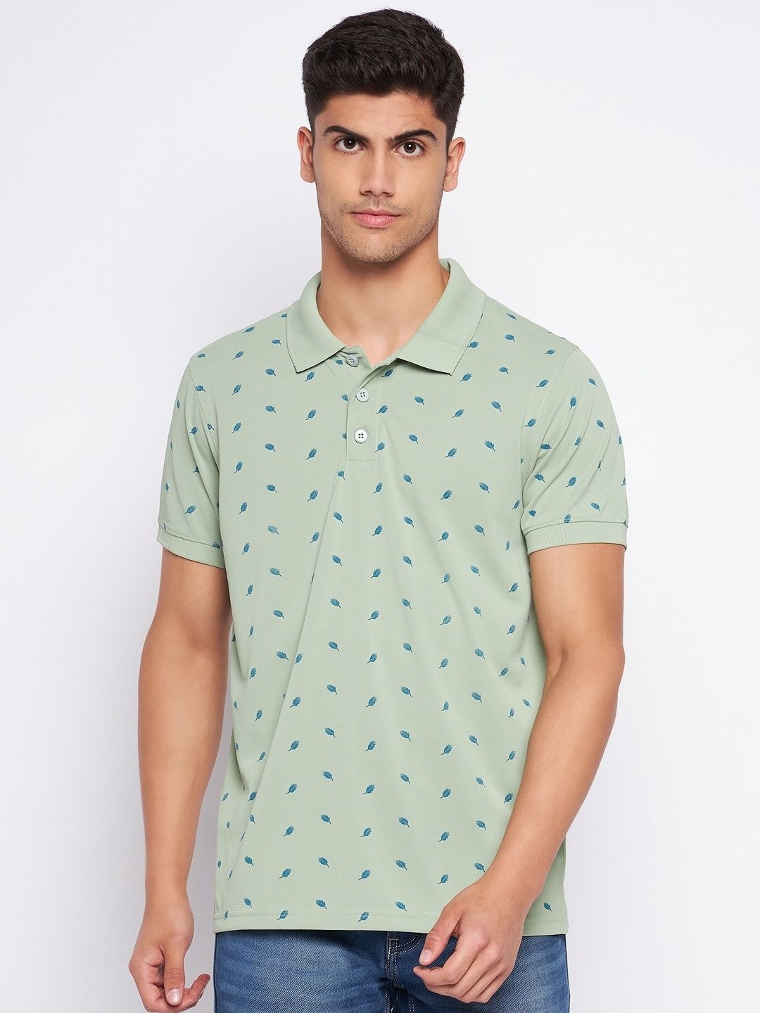 

AUXAMIS Men Printed Polo Collar Pockets T-shirt, Sea green