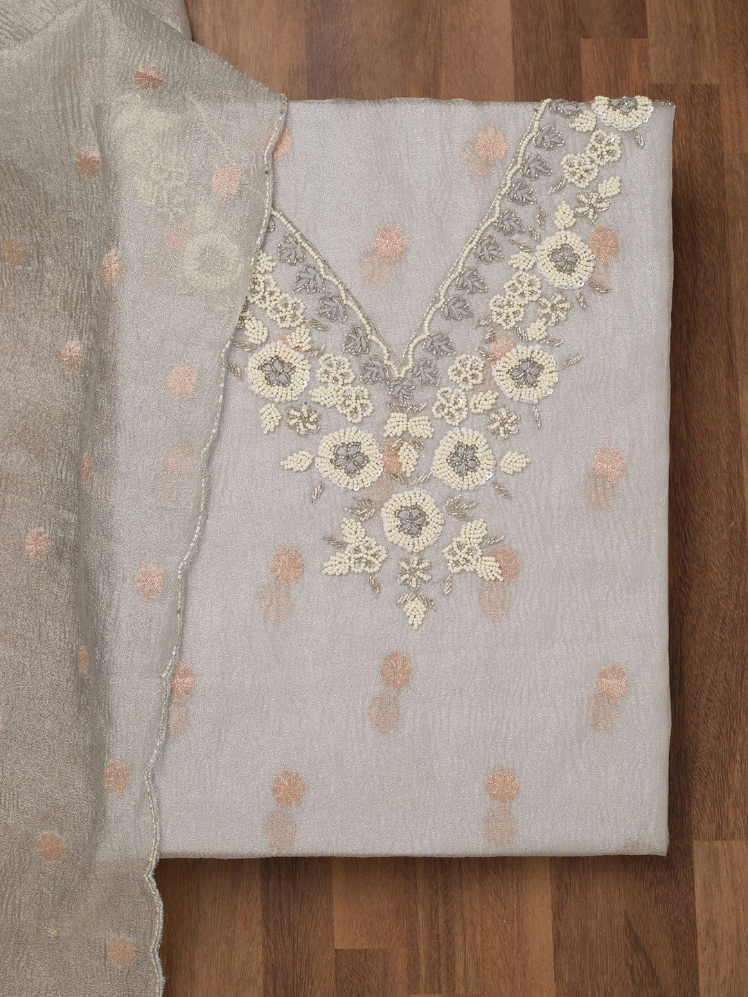 

Koskii Floral Embellished Beads and Stones Unstitched Dress Material, Grey