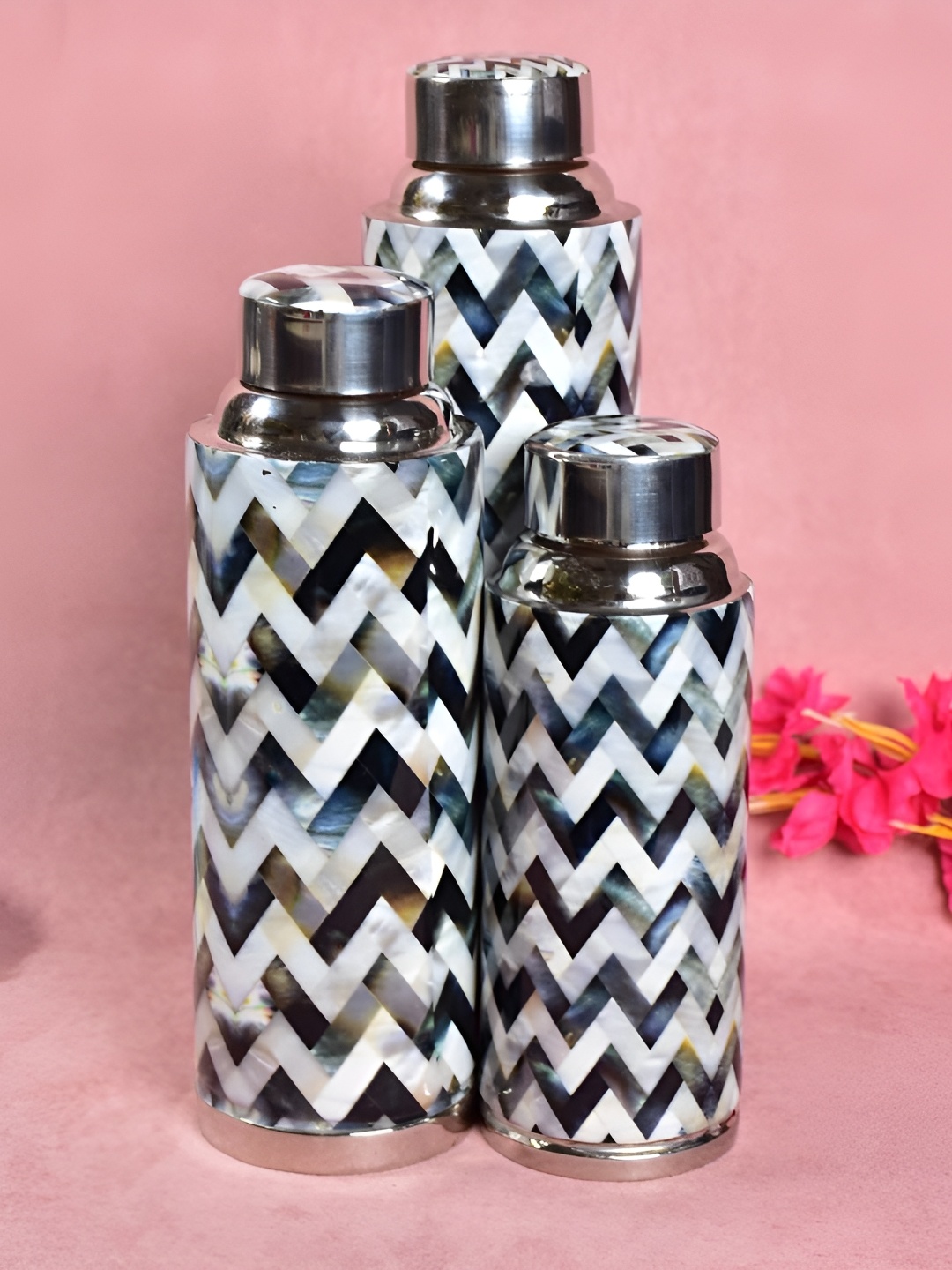 

THE HOME CO. White & Blue Set of 3 Stainless Steel Printed Water Bottle