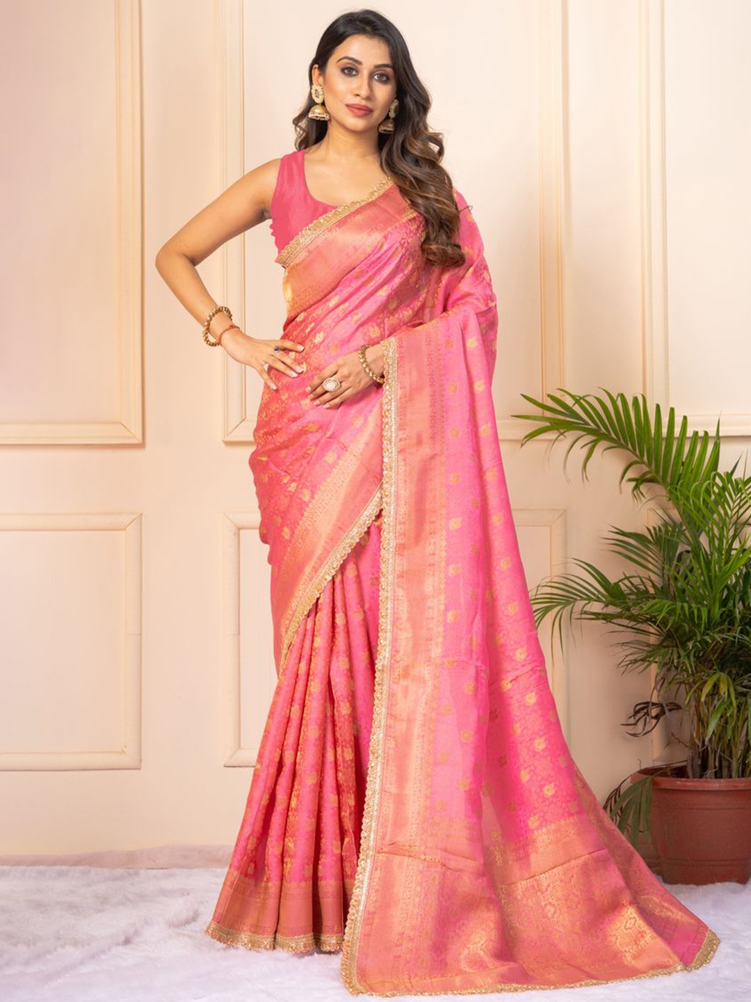 

KAJREE Ethnic Motifs Woven Design Zari Pure Silk Saree, Pink