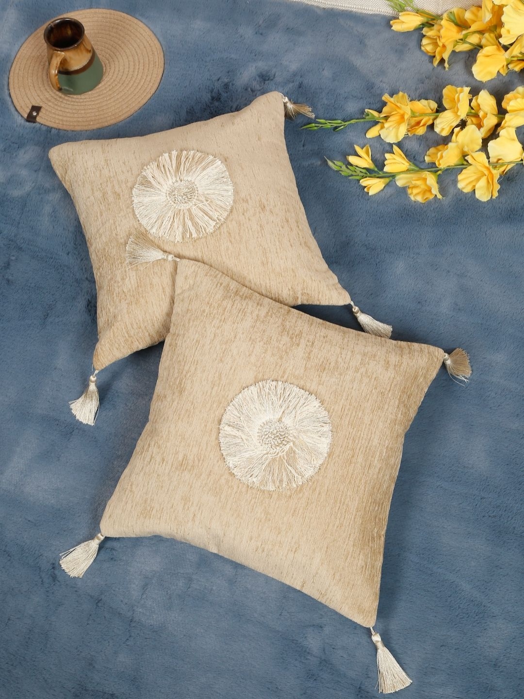 

SOKNACK Beige 2 Pieces Embroidered Velvet Square Tasselled Cushion Covers
