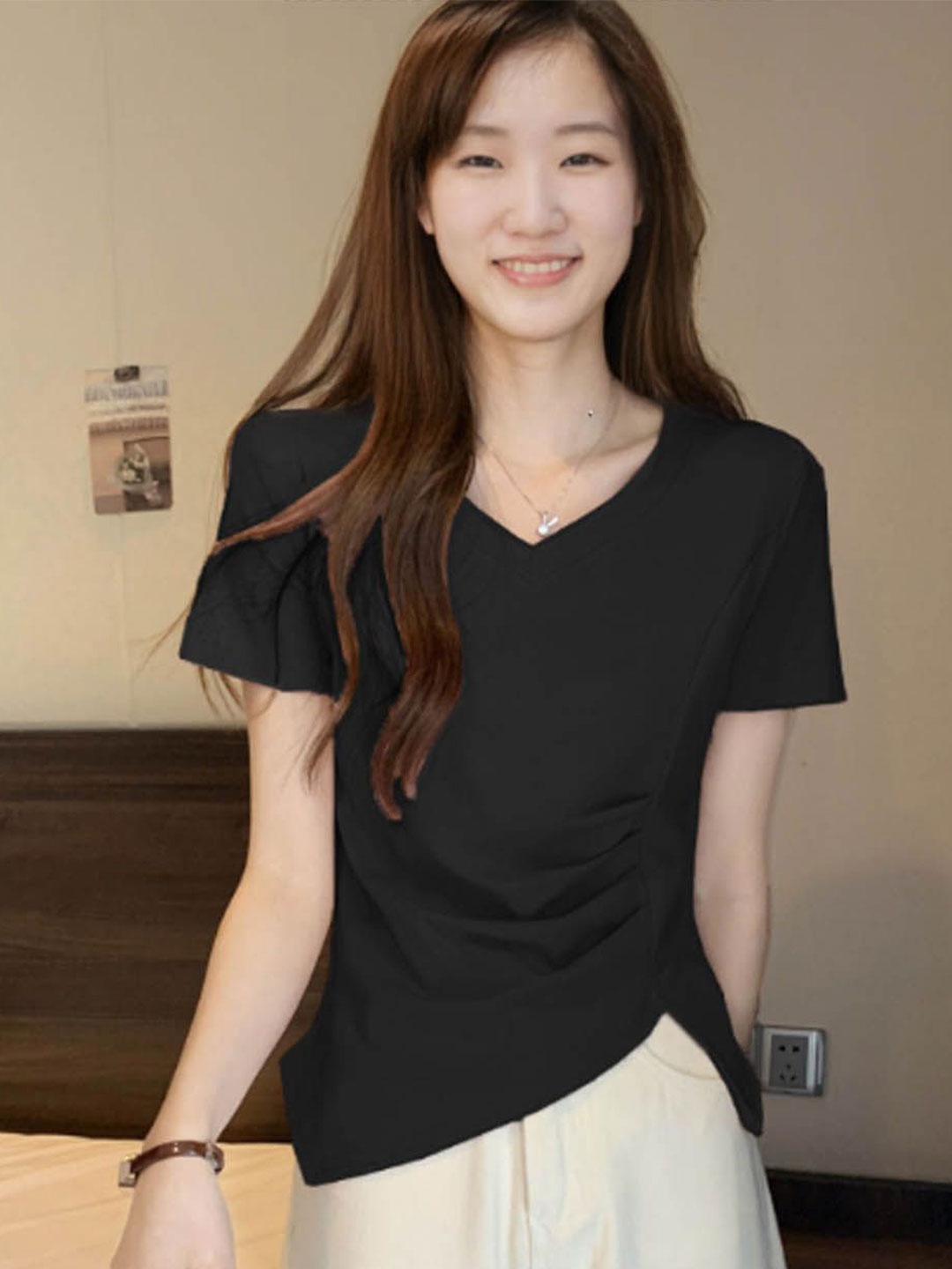 

StyleCast Women V-Neck Ruched Top, Black
