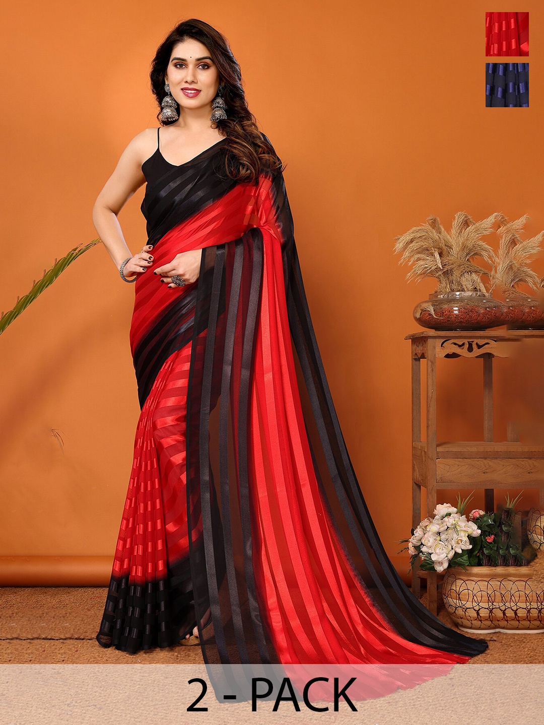 

Moda Rapido Pack Of 2 Striped Satin Saree, Black