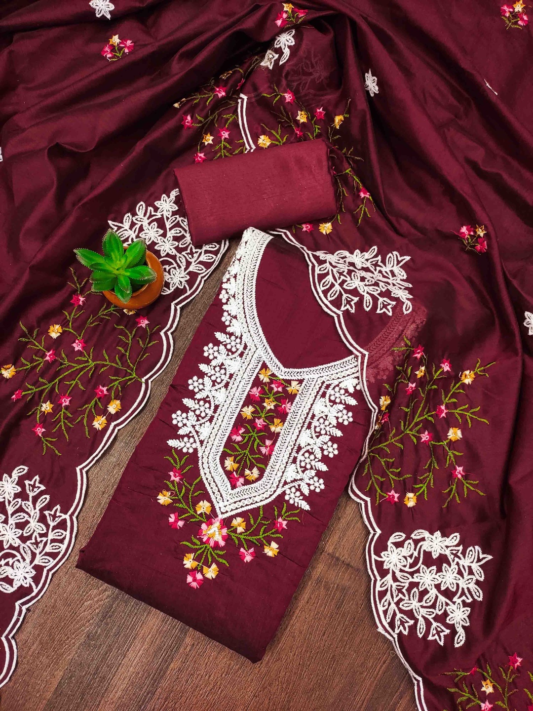 

Blissta Floral Embroidered Chanderi Cotton Unstitched Dress Material, Maroon