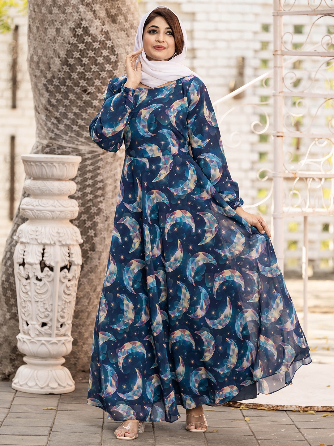 

SARINKU Print Puff Sleeve Georgette Maxi Dress, Blue