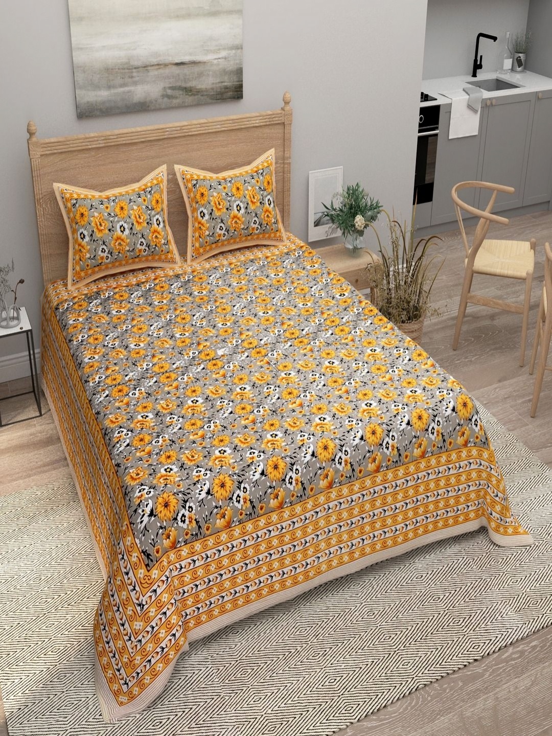 

Myntra Elegant Homes Yellow Printed Pure Cotton 180 TC King Bedsheet Set 2.74 m x 2.54m