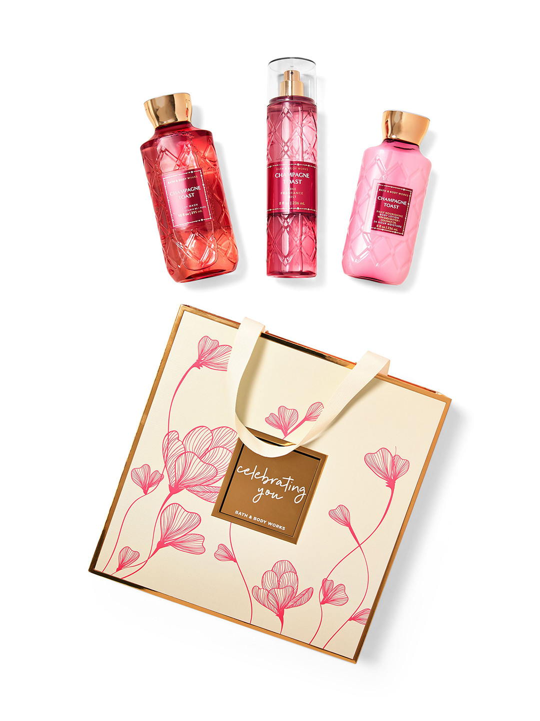 

Bath & Body Works Set Of 3 Champagne Toast Shower Gel - 295ml, Body Lotion & Mist - 236ml, Pink