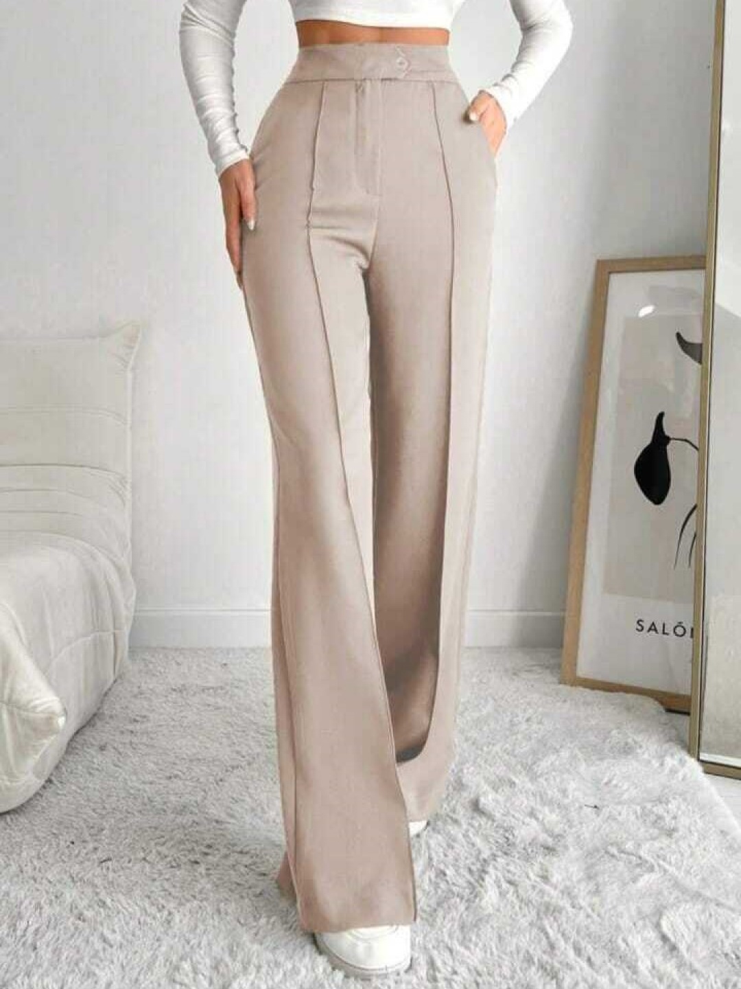 

BROADSTAR Women Smart Straight Fit High-Rise Easy Wash Pleated Korean Pants, Beige