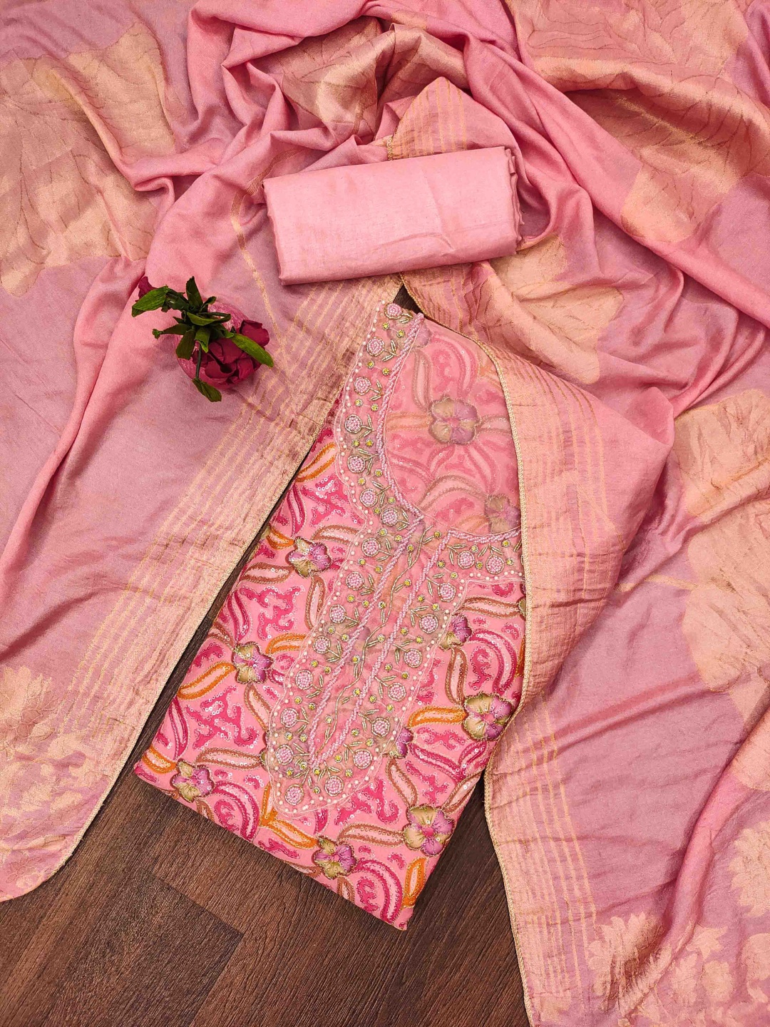 

Blissta Floral Sequinned Organza Unstitched Dress Material, Pink