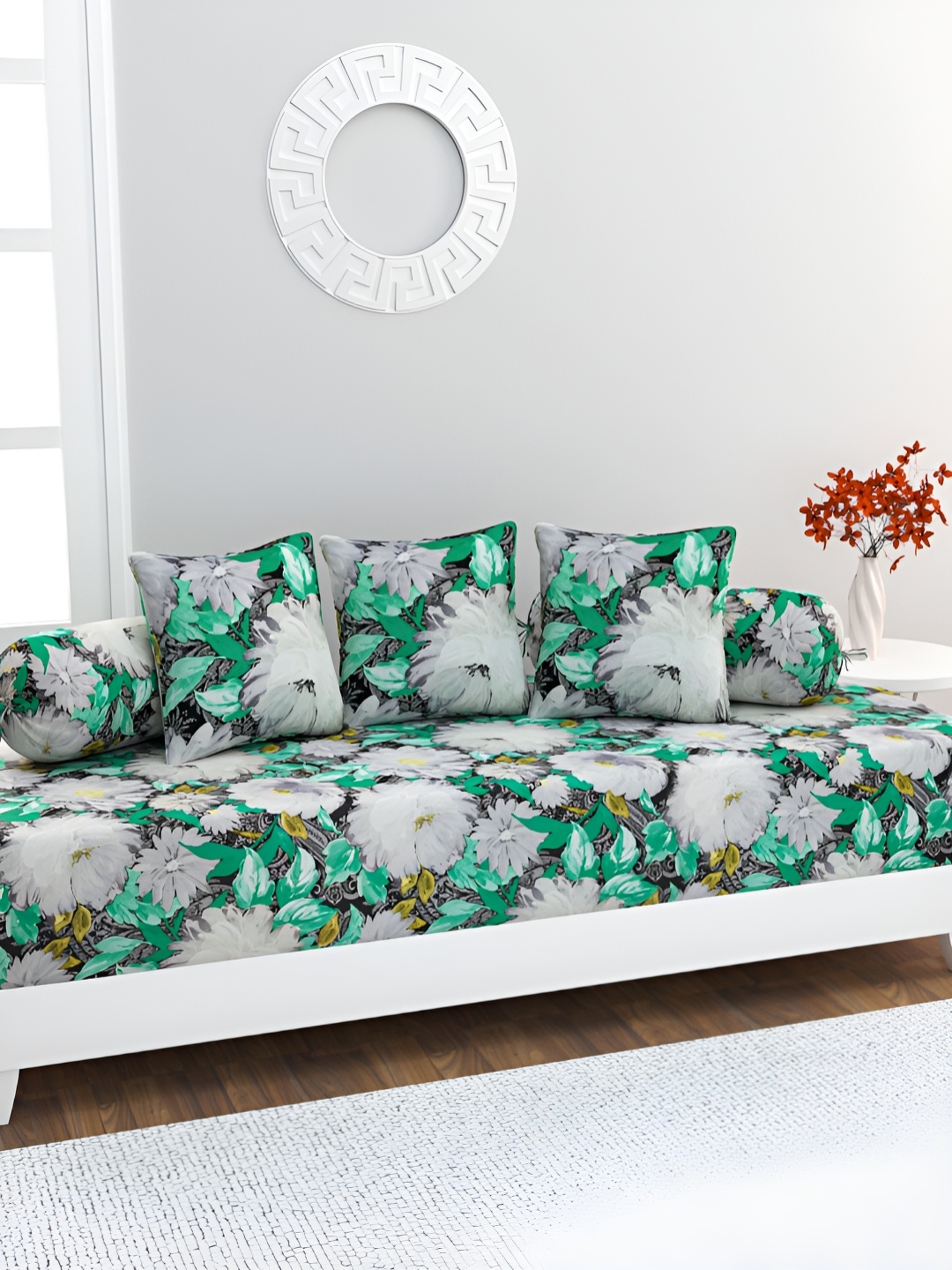 

HOME AFFAIRS White & Green 6 Pcs Floral Printed Cotton 220 TC Single Diwan Set