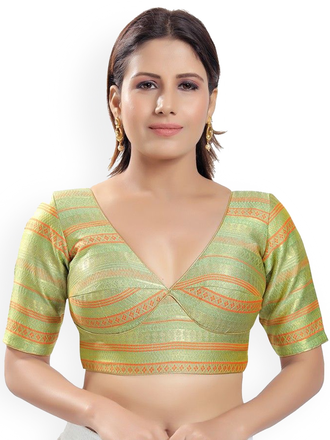 

Mmore Woven Design Brocade Padded Saree Blouse, Green