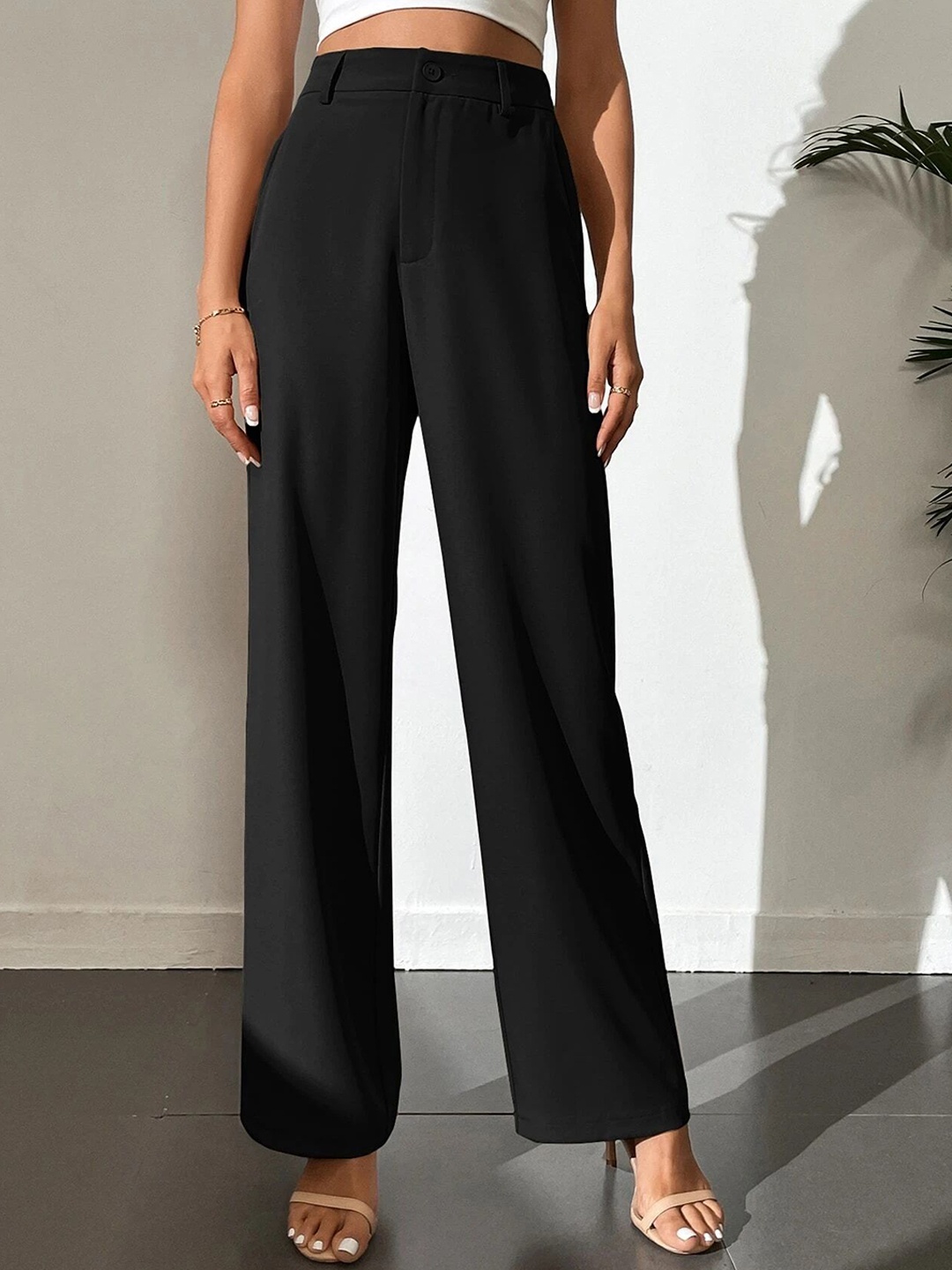 

FNOCKS Women Organic Cotton Relaxed High-Rise Straight Fit Formal Trousers, Black