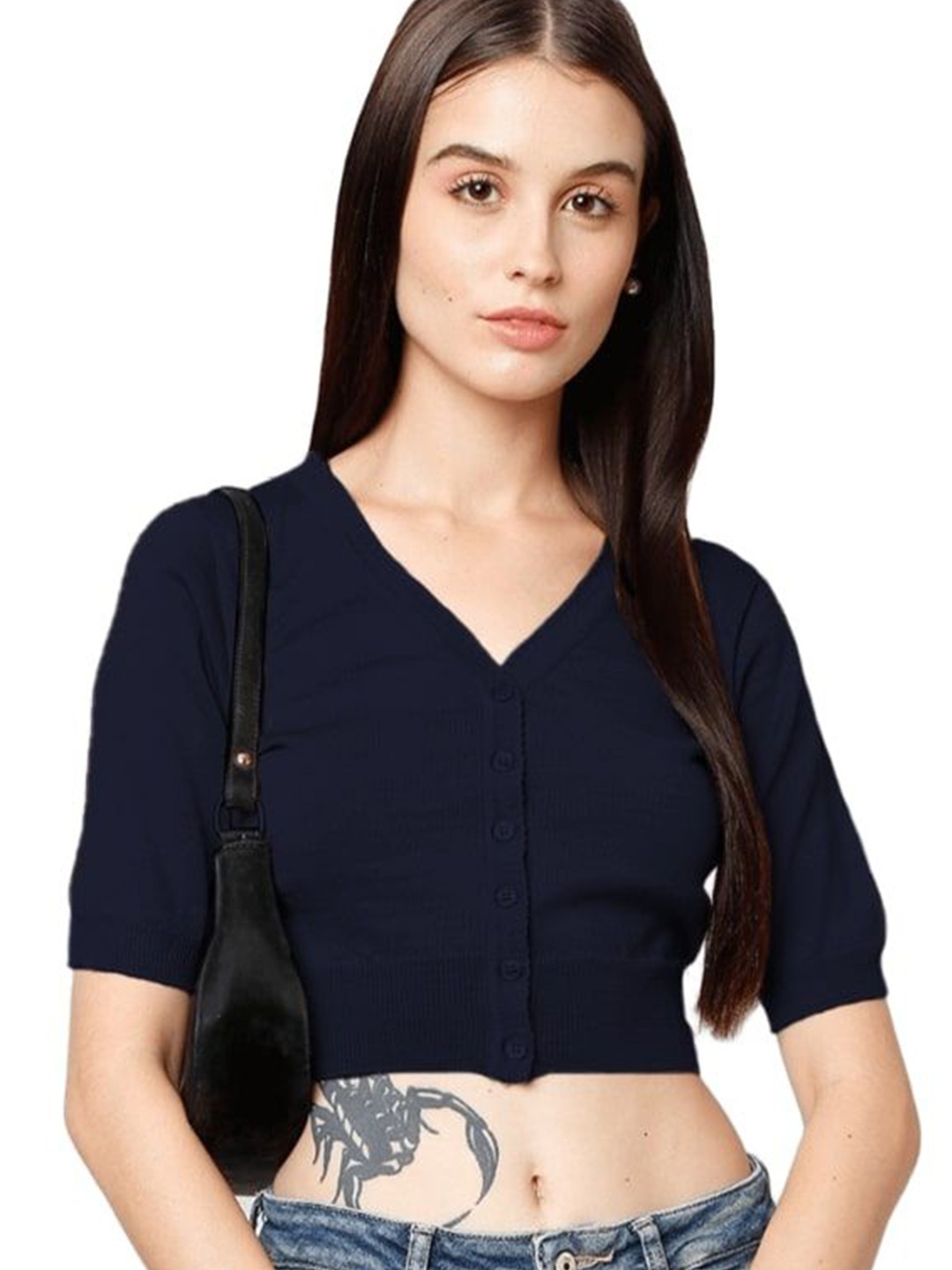 

BAESD Women Woollen Crop Cardigan, Blue