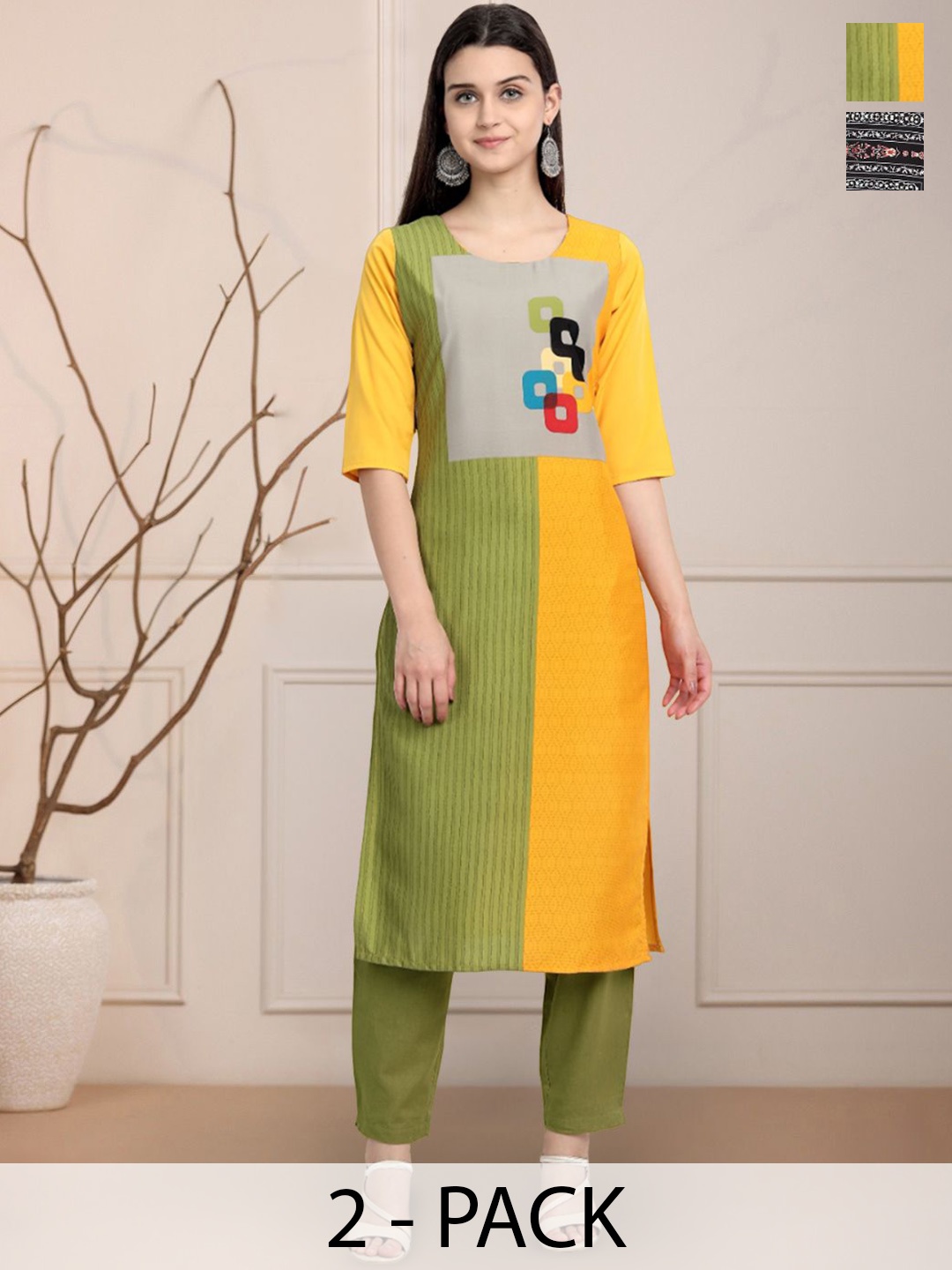 

Moda Rapido Green & Yellow Selection Of 2 Colourblocked Round Neck Straight Kurtas