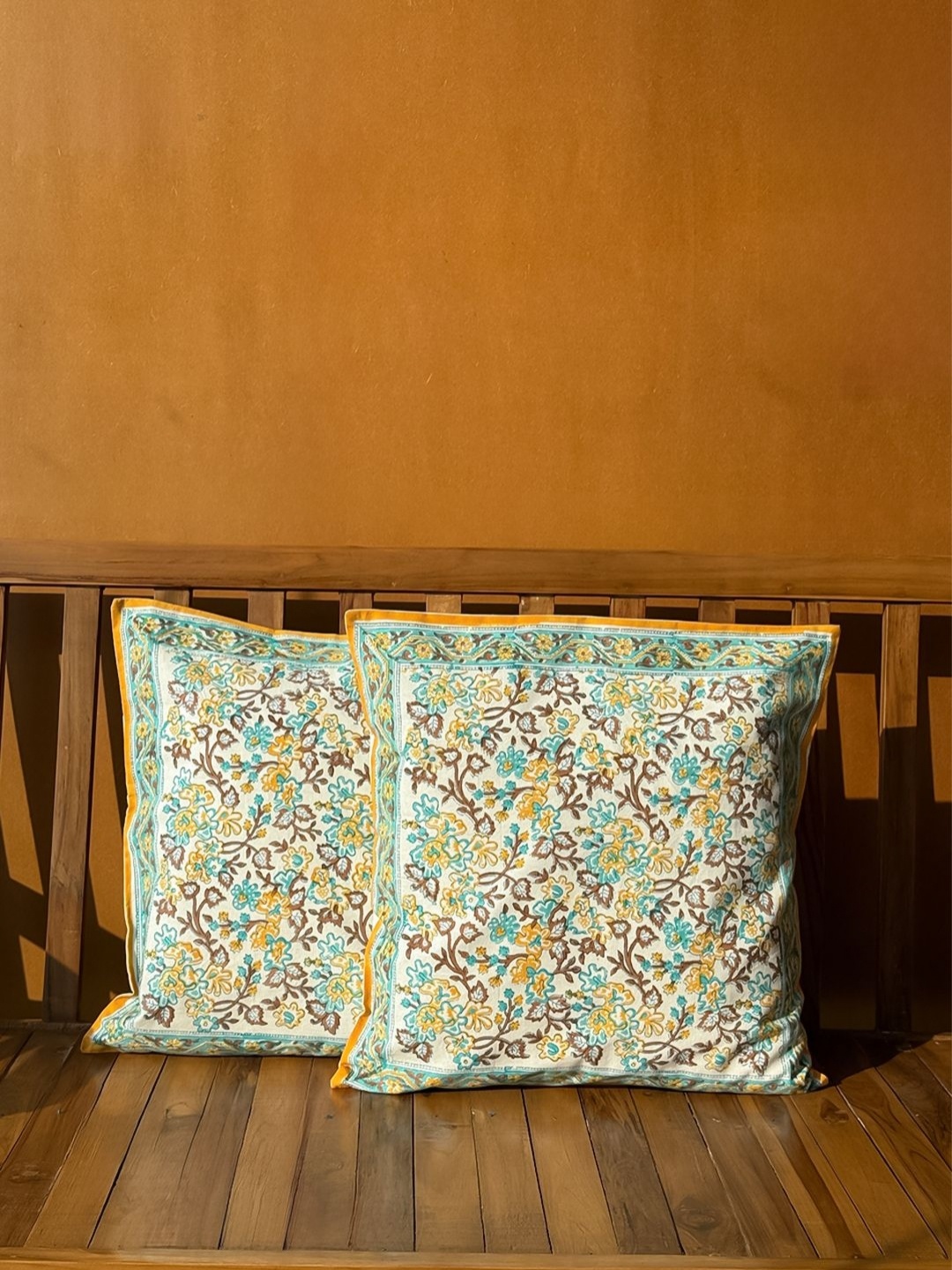 

ARAVALII White & Orange 2 Pieces Floral Printed Cotton Square Cushion Covers