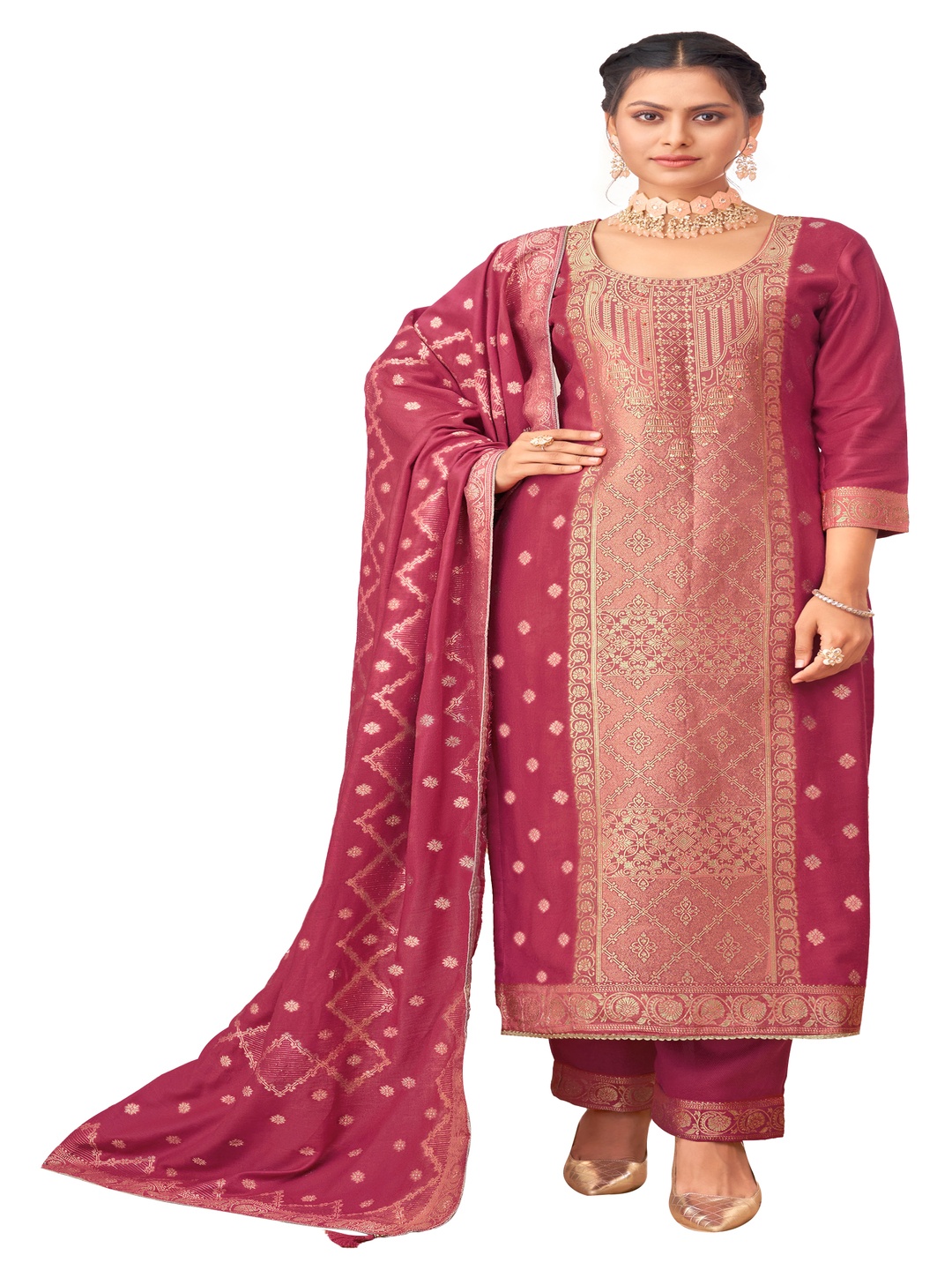 

DRAVINAM Trends Ethnic Motifs Woven Design Pashmina Unstitched Dress Material, Pink