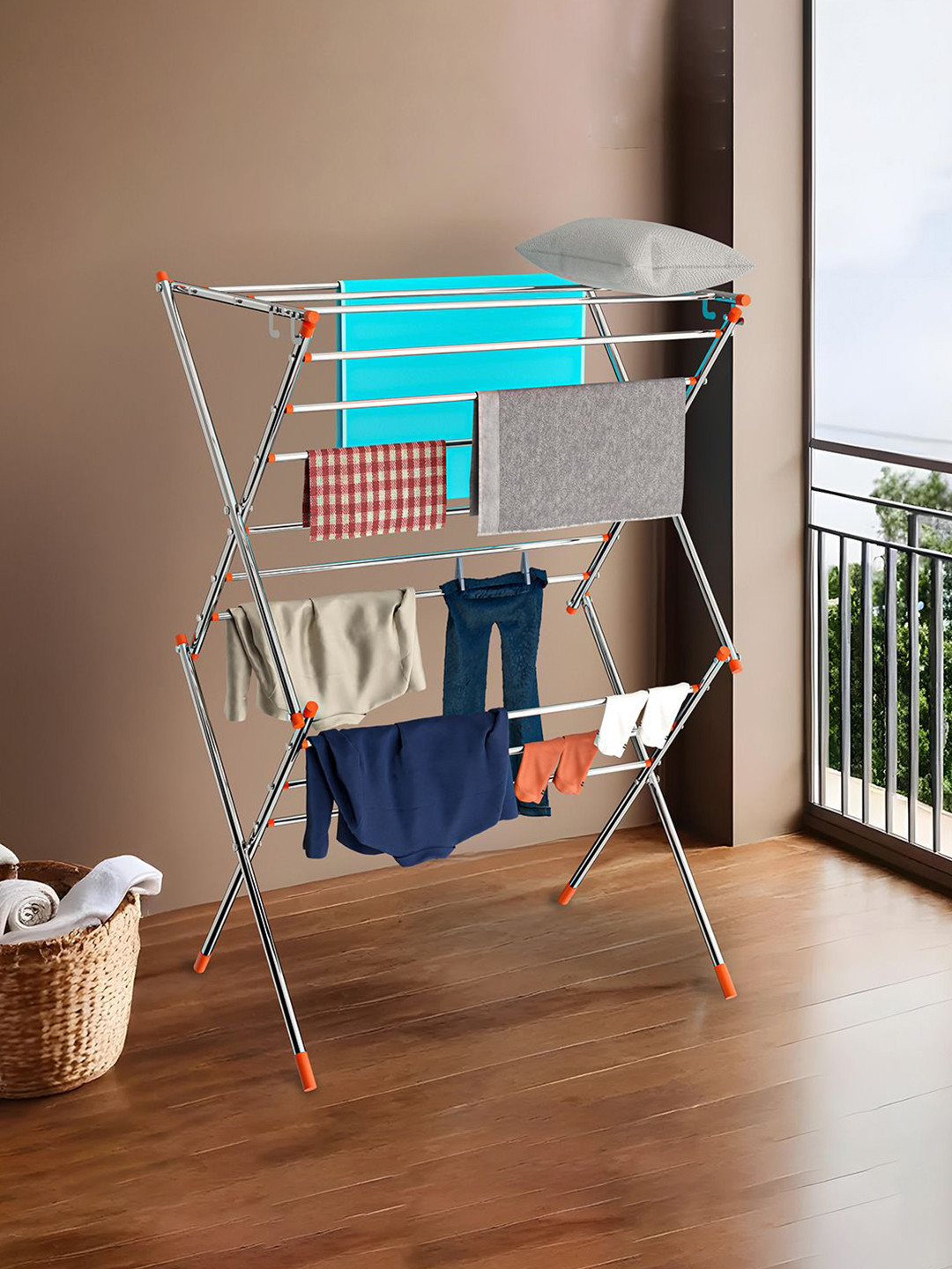 

Kuber Industries Silver-Toned & Red 2 Layer Steel Foldable Cloth Stand For Drying Cloths