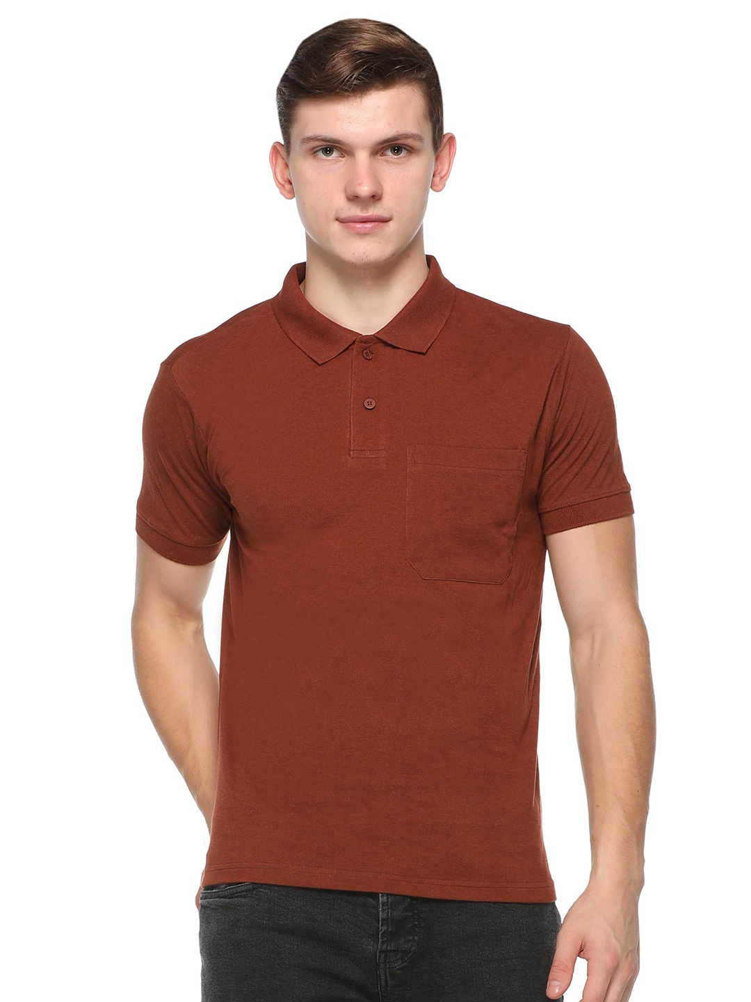 

Colors and Blends Men Solid Polo Collar Cotton T-shirt, Rust