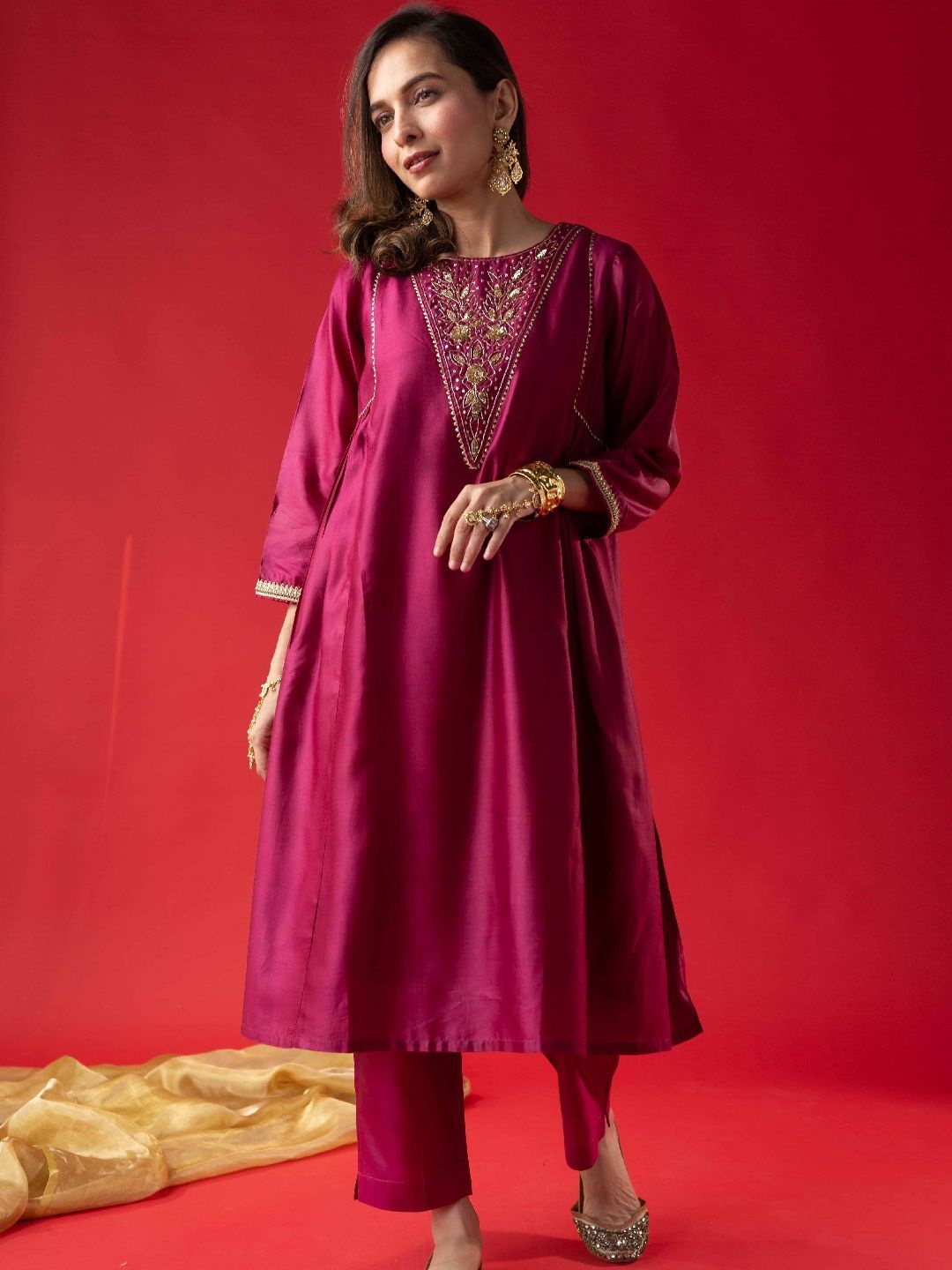 

KUSVAA Floral Yoke Design Beads And Stones Anarkali Kurtas, Red