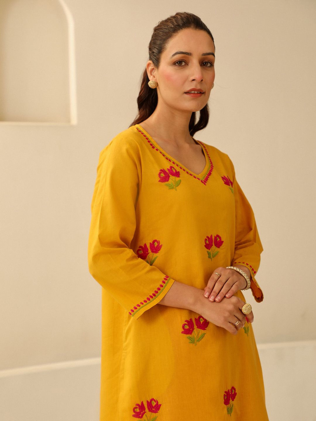 

House of Chikankari Women Woven Viscose Rayon Chikankari Long Kurta Mustard