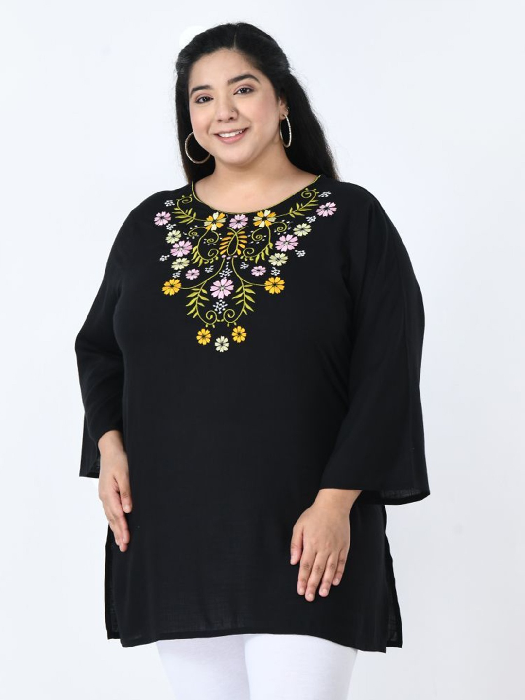 

VAAMII Floral Embroidered round neck bell sleeves Top, Black