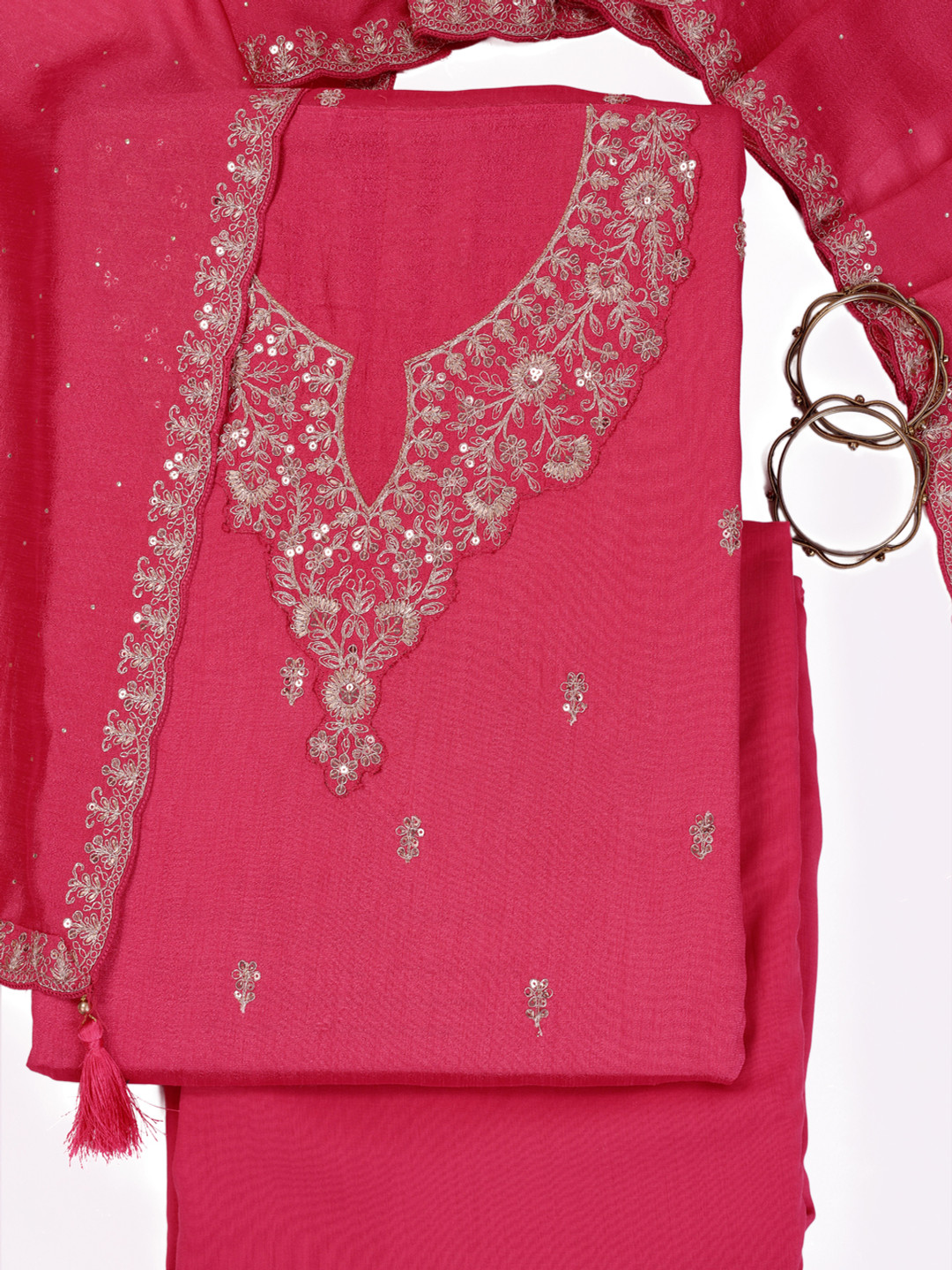

KULEESH Floral Embroidered Silk Georgette Unstitched Dress Material, Pink