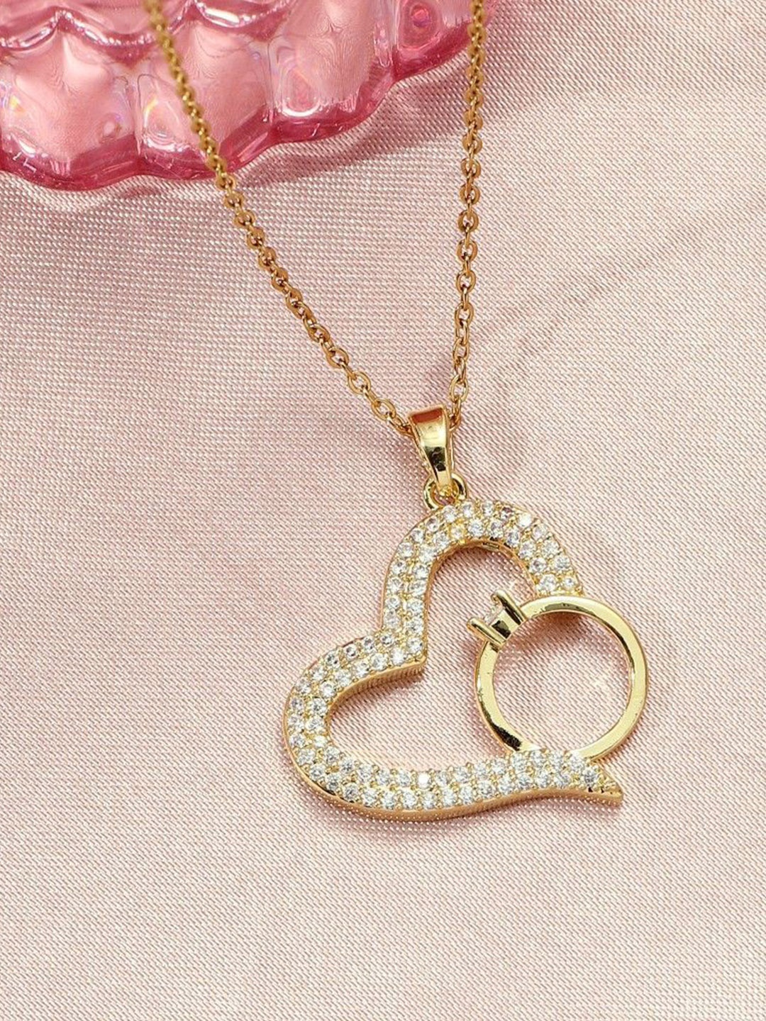 

SALTY Heart Shaped Artificial Stones Studded Pendant with Chain, Gold