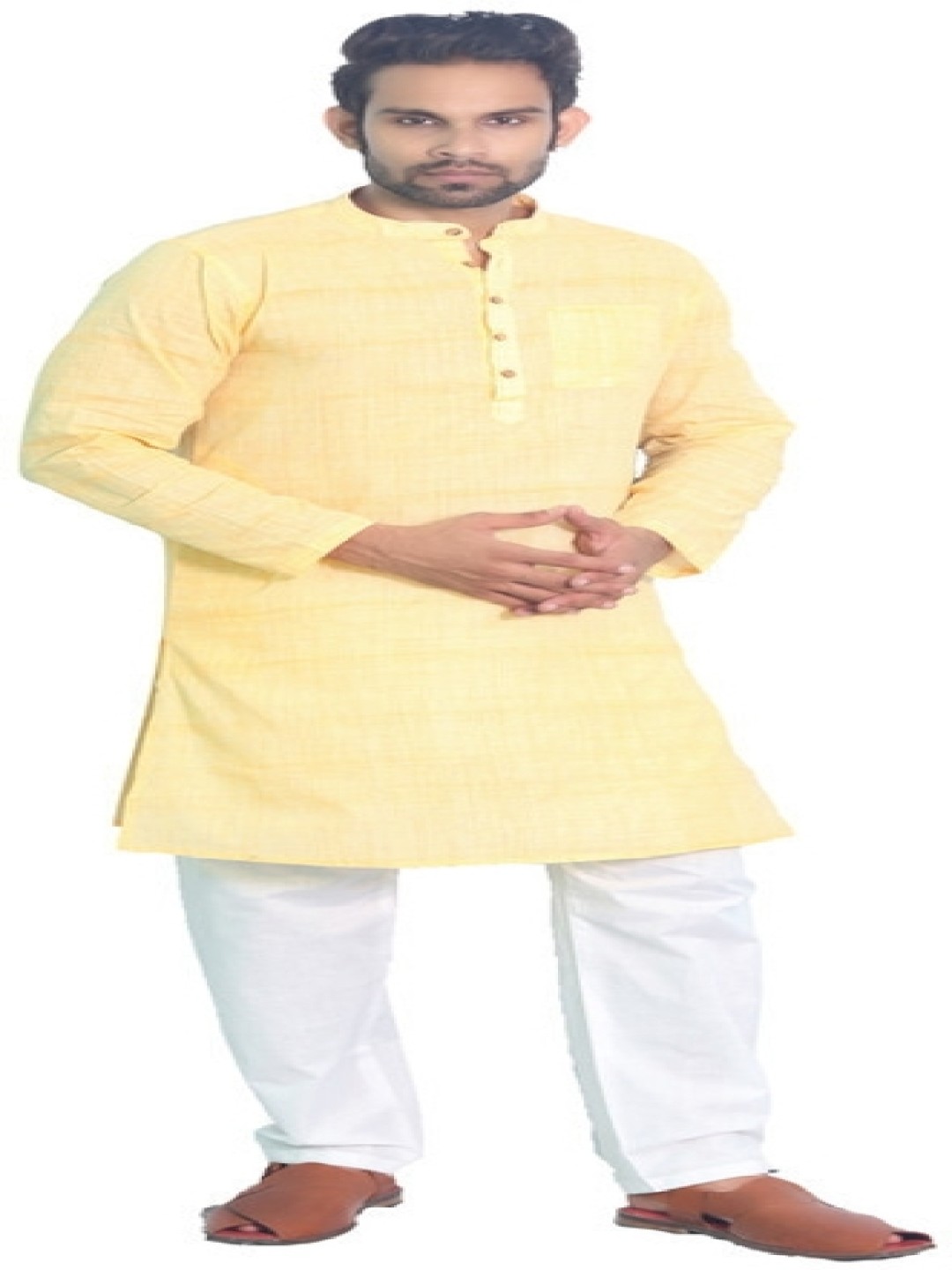 

House of Aqss Band Collar Pure Cotton Straight Kurta With Pyjamas, Yellow