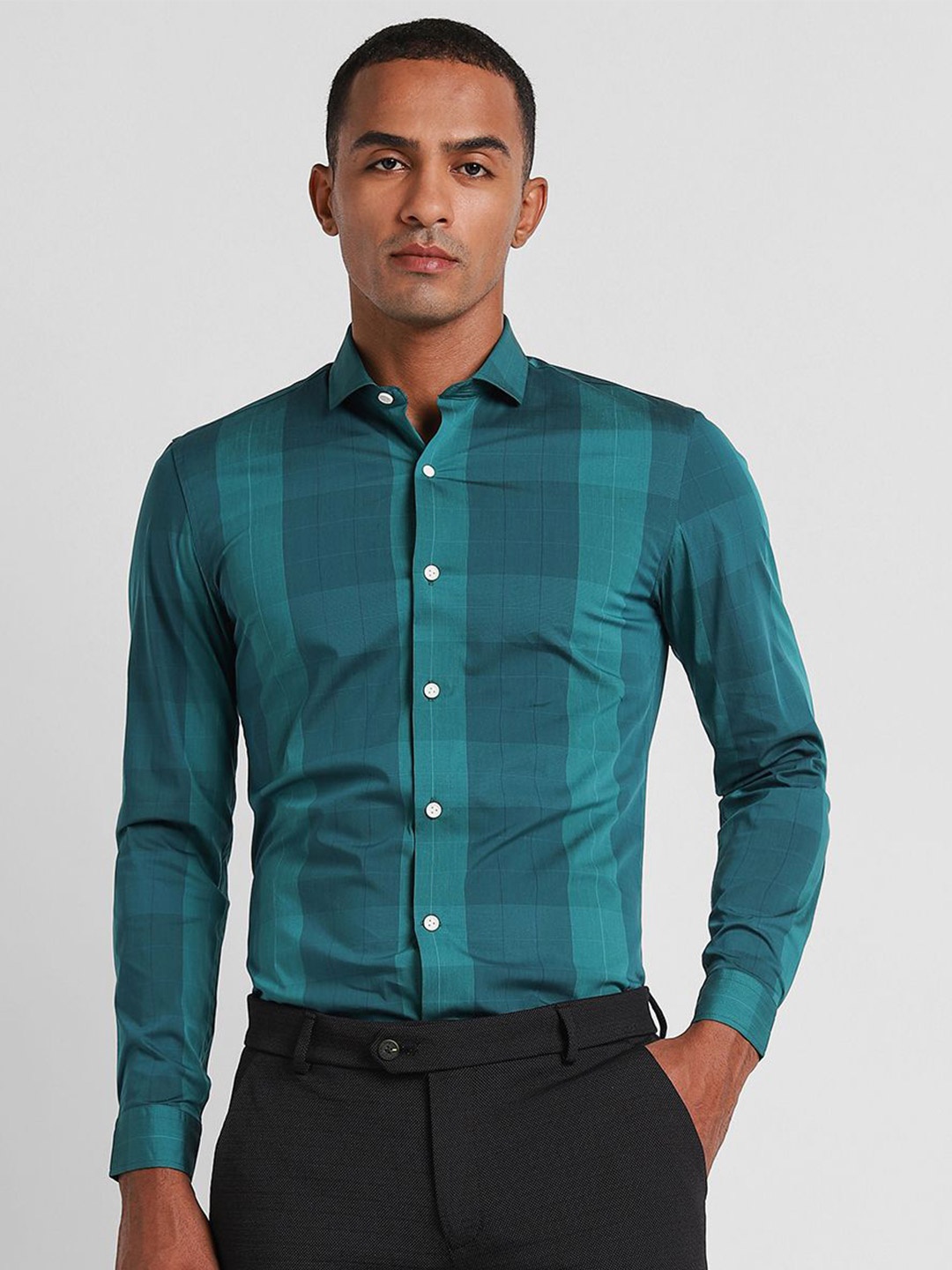 

Peter England Men Slim Fit Spread Collar Checked Cotton Formal Shirt, Sea green