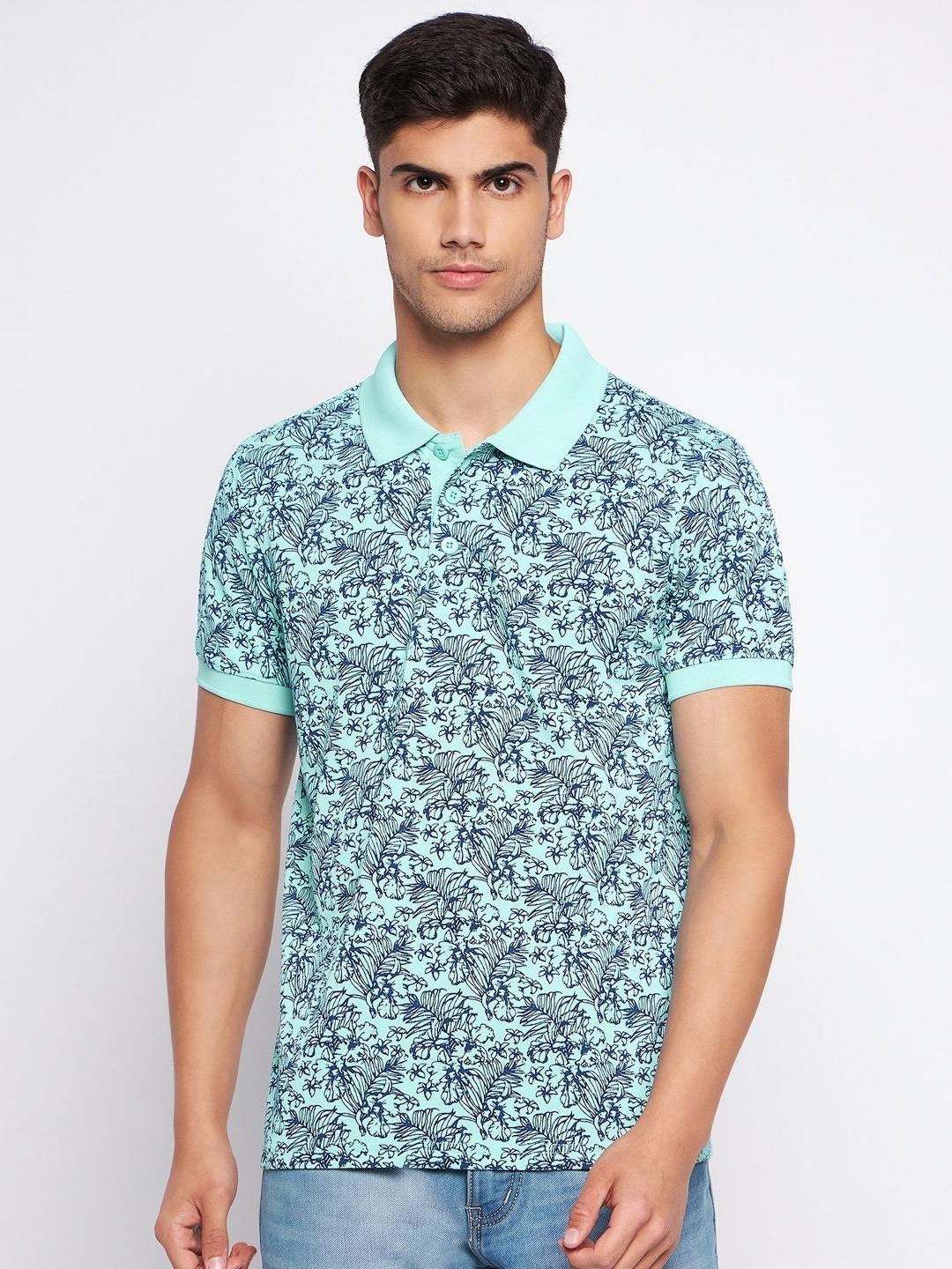 

AUXAMIS Men Printed Polo Collar Pockets T-shirt, Turquoise blue